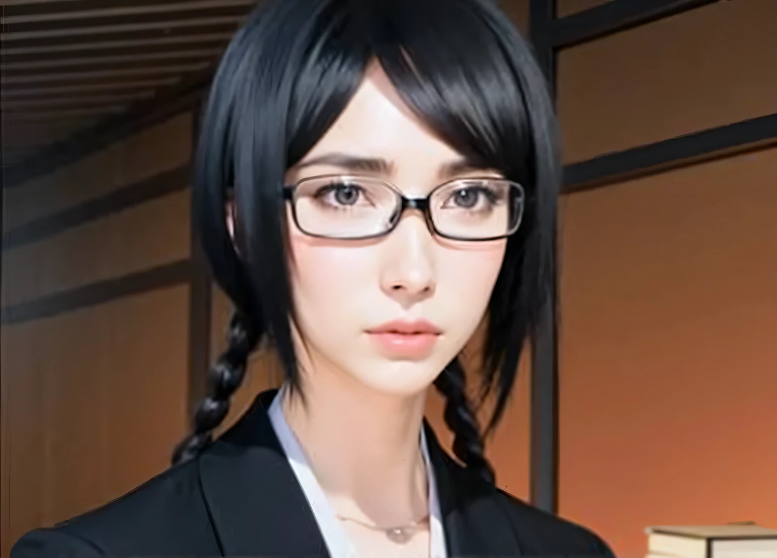 Women black hairstyles and glasses and black white clothes 