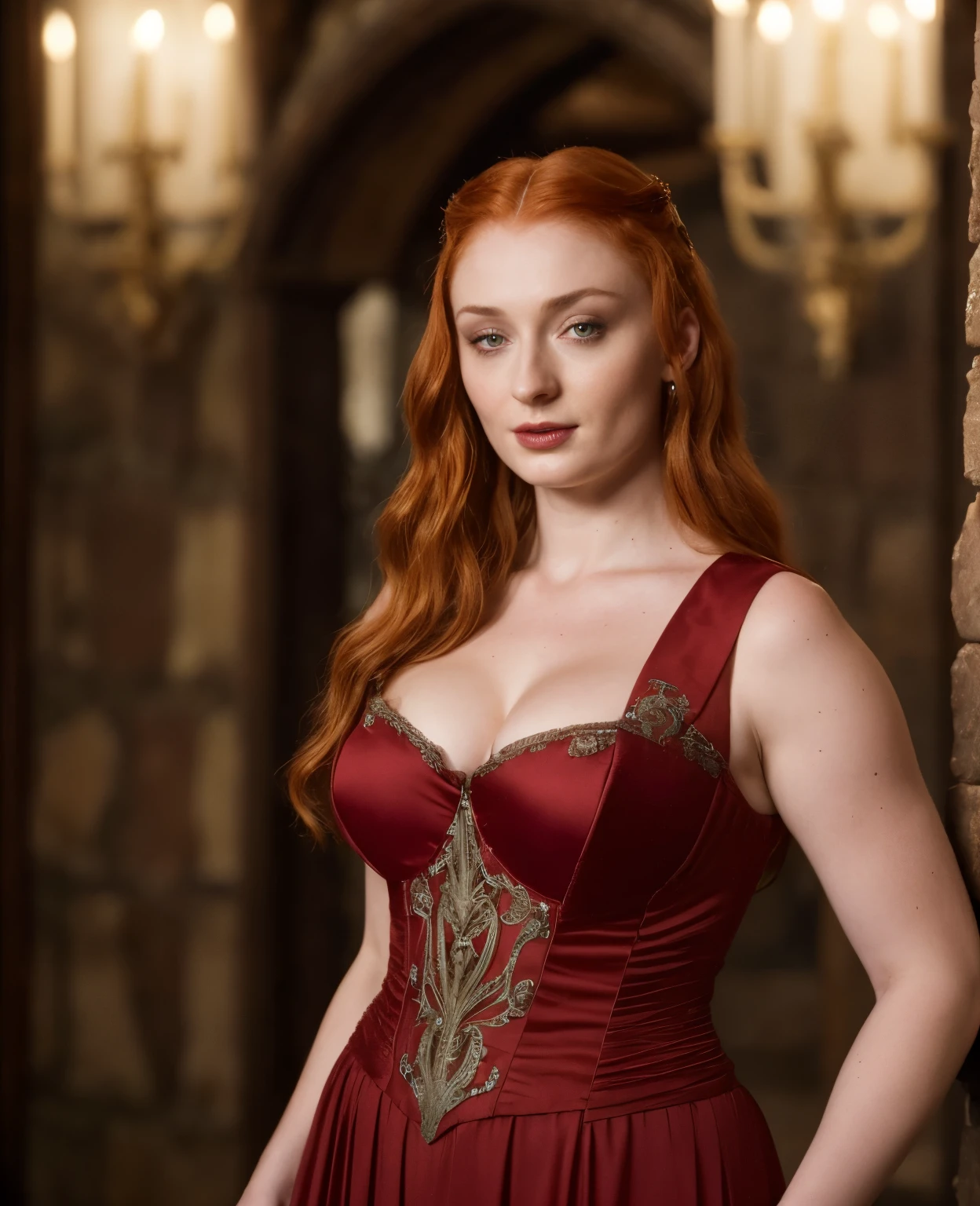 Sansa Stark played by Sophie Turner, the de facto Lady of the Eyrie, is a 40-year-old mature queen with a stunning, alluring appearance. Full Face, reddish lips, upper body shot, erotic Mediaeval costumes, game of thrones costumes, She wears a Game of Thrones-inspired costume and has a deep cleavage, a perfect thick body, and a perfect thick figure. The photograph captures her in a close-up, with her skin texture and facial features being ultra-realistic and realistic.