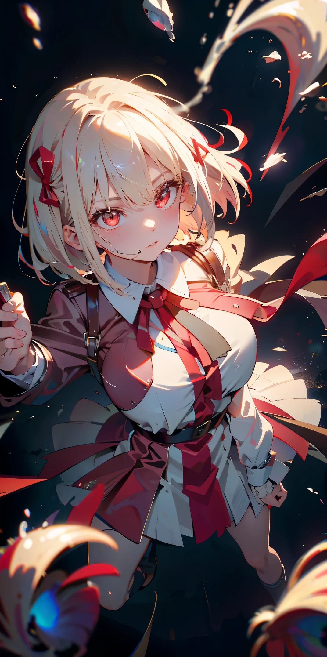 Absurd resolution, high resolution, (masterpiece: 1.4), super detailed, girl alone, from above, space, floating, platinum blonde, medium hair, red eyes