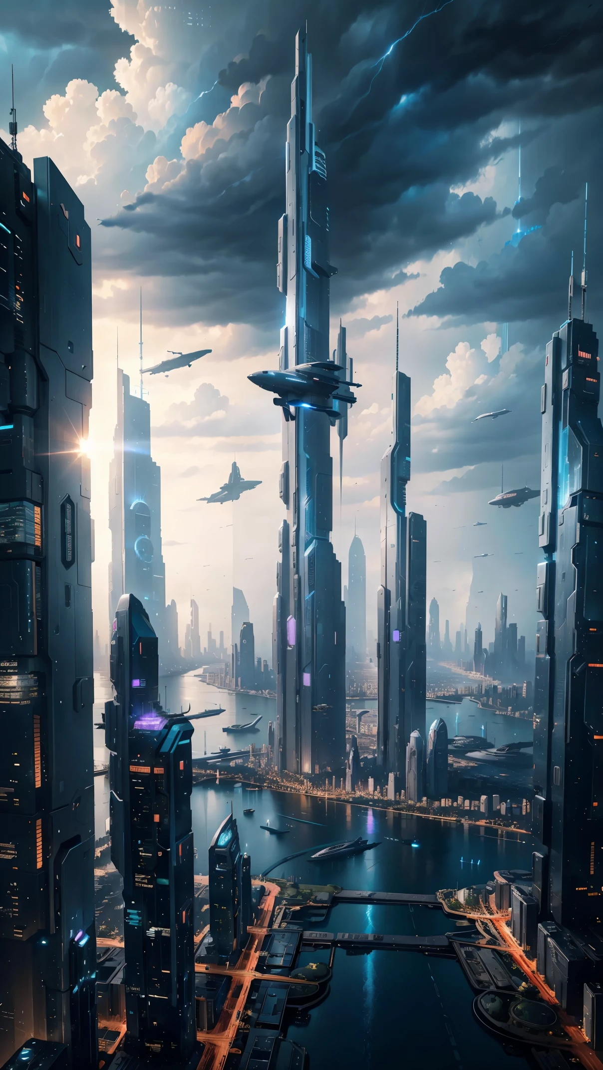 Future city seen from an airplane:1.5,thunderstorm,port,flying spaceship,skyscraper,master piece,highest quality,ultra high resolution,(Super detailed:1.2),8K,photorealistic,best aesthetic,beautiful
