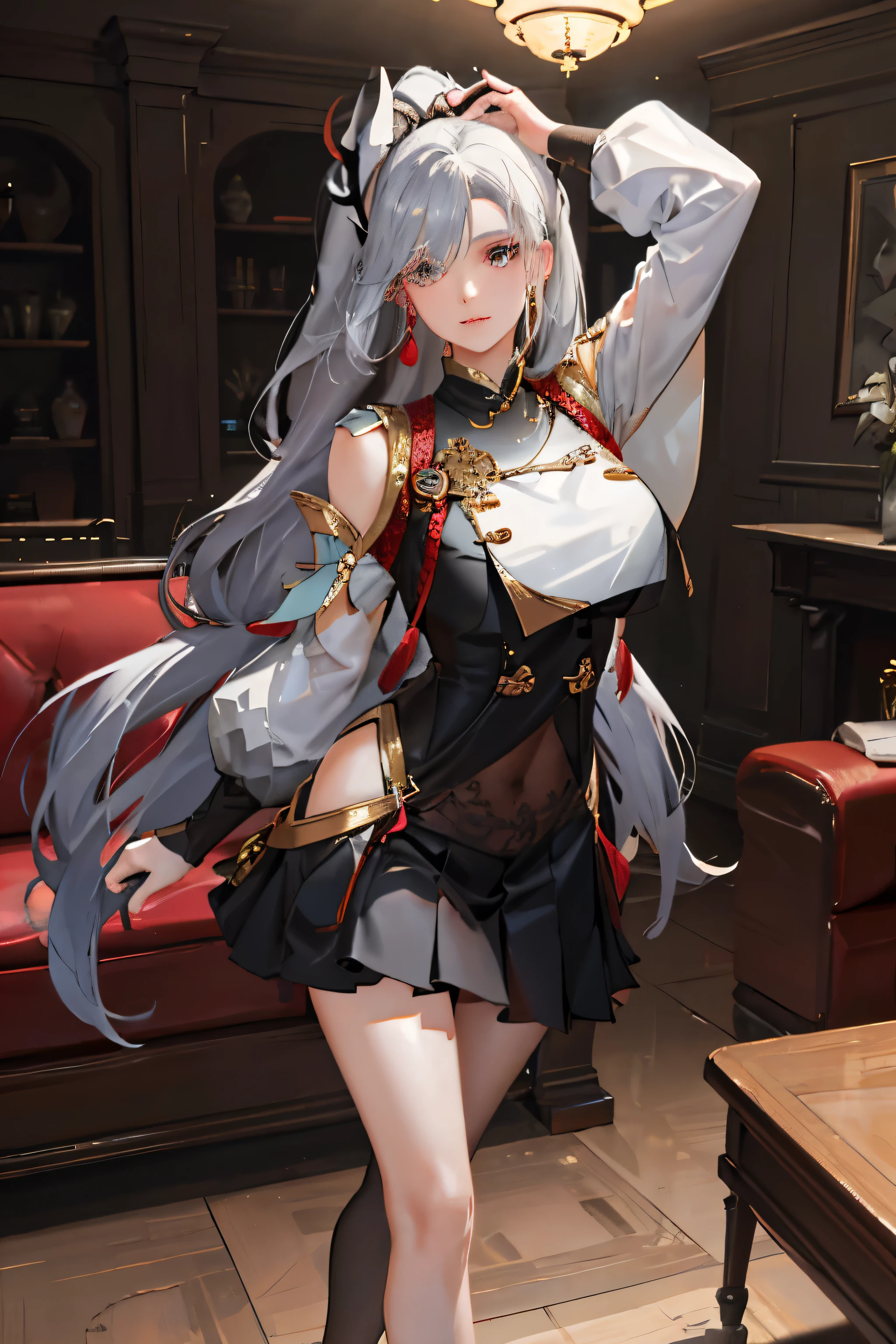 1 girl! Ray tracing, best shade, high resolution (dim lights) Detailed background (living room) Fluffy silver hair, plump and slim girl, high ponytail avoiding golden eyes in the ominous living room (Girl in white shirt, black pleated skirt, with black transparent), Show off your exquisite figure and graceful curves, Correct posture and sound limbs! Put your hands behind your head, facial details! Exquisite facial features, Pay attention to the details of the leg position! Pay attention to hand details! high quality! more qualified! Reduce errors, Fine drawing, Super detailed CG, A more reasonable picture! Delicate finger detailing