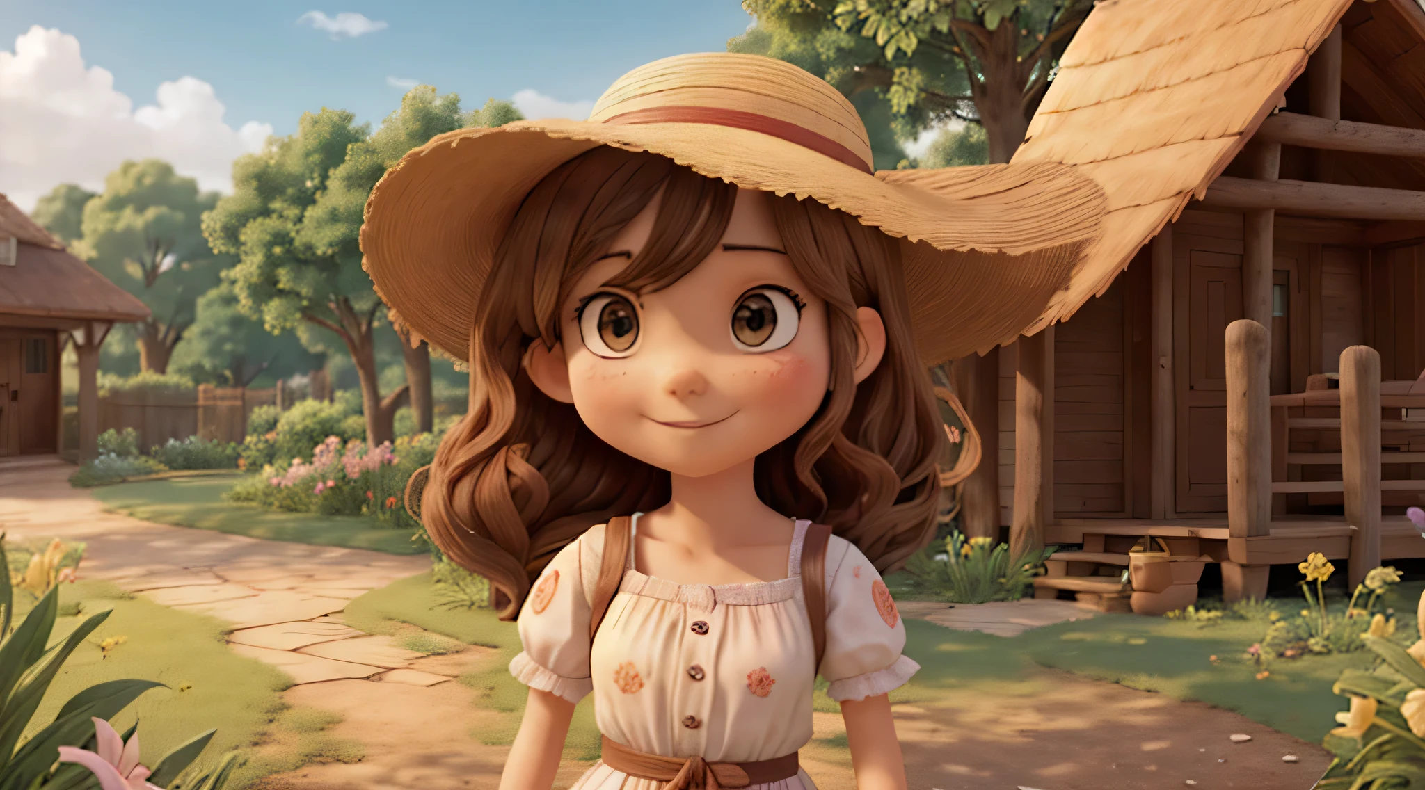 Lily, a bright-eyed 10-year-old with shoulder-length chestnut hair, wears a wide-brimmed straw hat and a colorful sundress. Her expression is a mix of curiosity and wonder