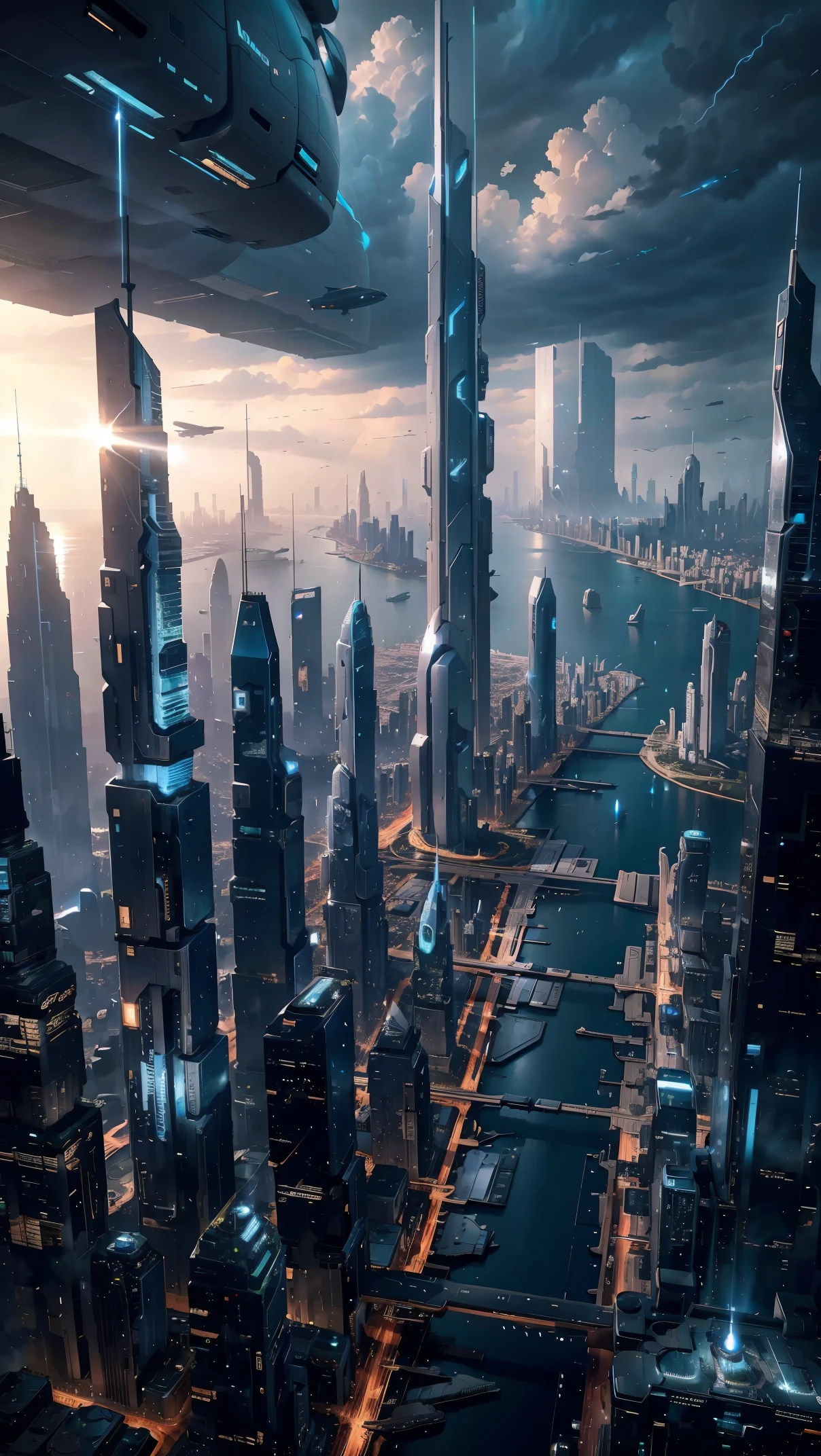 Future city seen from an airplane:1.5,thunderstorm,port,flying spaceship,skyscraper,master piece,highest quality,ultra high resolution,(Super detailed:1.2),8K,photorealistic,best aesthetic,beautiful
