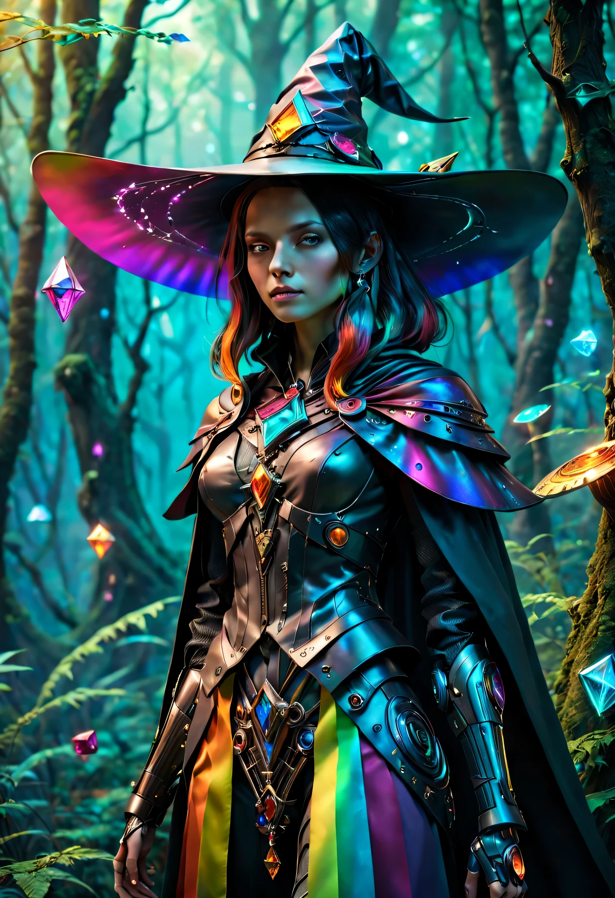 Futuristic robot witch in the enchanted forest、witch hat、cybernetic enhancement、Mechanical edge structure、cloak,Create a mysterious and charming atmosphere,Glittering symbols and runes、Sparkling magic gemstones、Rainbow palette,(best quality,4K,8k,masterpiece:1.2),Super detailed,(lifelike,照片lifelike,The photos are real:1.37),human development report,ultra high definition,studio lighting,Super beautiful paintings,clear focus,Physically based rendering,extremely detailed description,main,bright colors