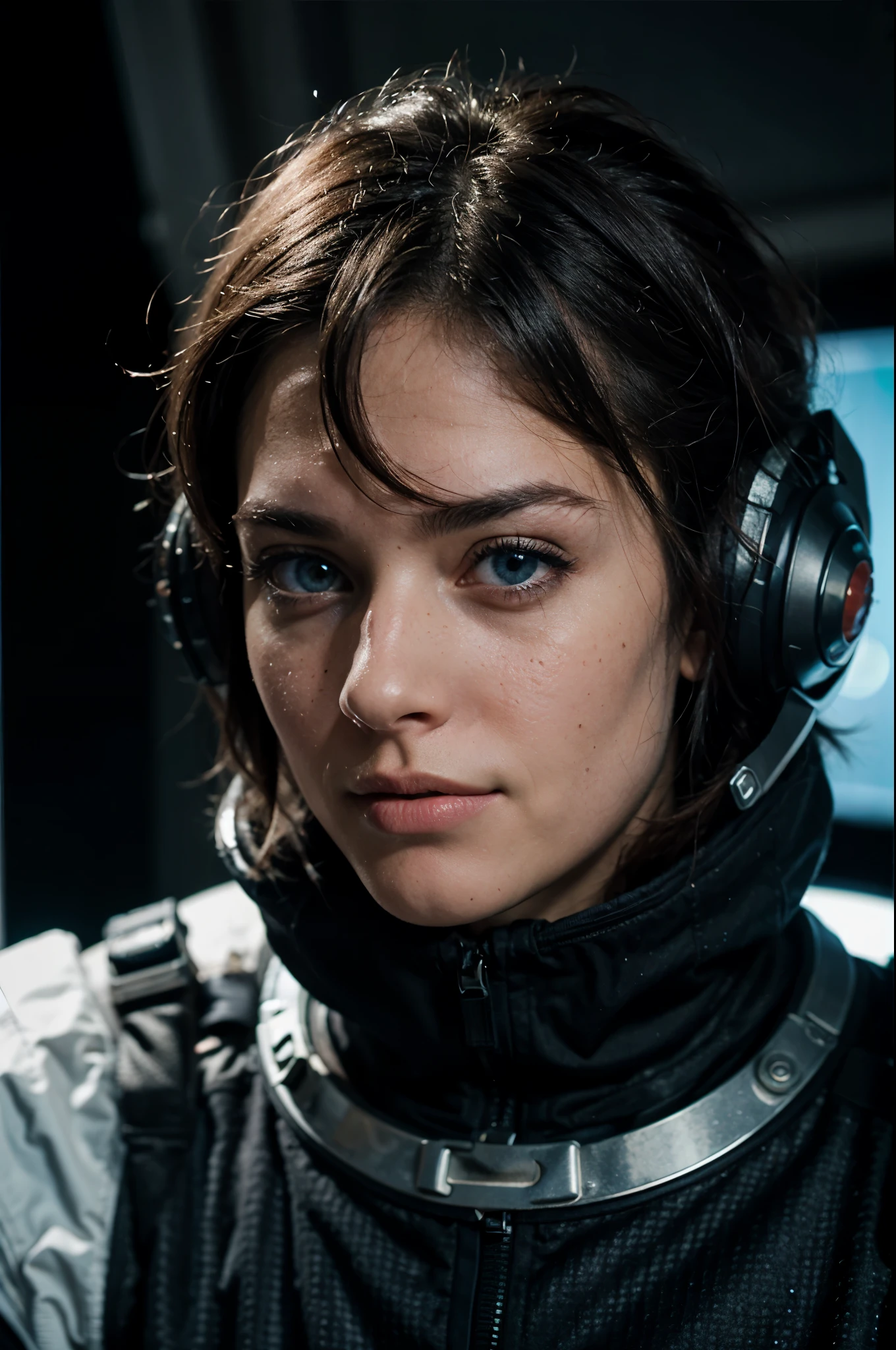 photo of a man, in space, futuristic space black suit, (freckles:0.8) man, sci-fi, dystopian, detailed eyes, blue eyes, sat sown