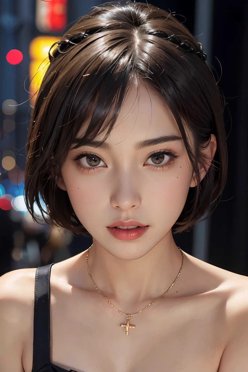 highest quality、masterpiece、ultra high resolution、Full body raw photography、(photorealistic:1.4)、1 girl、detailed face、brown eyes、Glittering cityscape、black sexy dress、provocative wink、full body angle、short haired、Beautiful Japan actress、Sakimi-chan、cinema light, realistically,best quality, Complex CG,highly detailed face,High detail eyes,