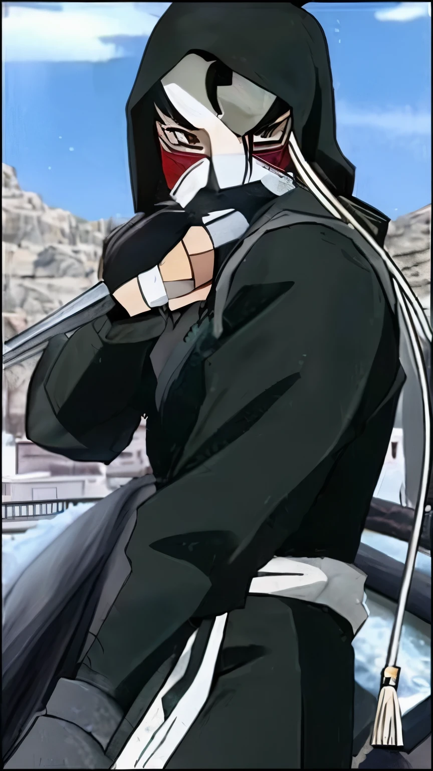 a close up of a person in a hoodie holding a sword, wielding kunai, akatsuki akira, itatchi uchiha, akiyuki shinbou, itachi uchiha, shinobi, itachi, kabuto, ninja, okata kazuto, umanosuke iida, kakashi hatake, madara uchiha, goth ninja， Lan Fang，long black hair，Fullmetal Alchemist，female killer，black hanfu，female ninja，Black clotheaid，黑色长发female killer，female retainer，黑发female ninja，long black hair女生，female warrior，woman samurai，female ninja，Beautiful girl，Girls with bun hair，Girls with bun hair，Girls with bun hair