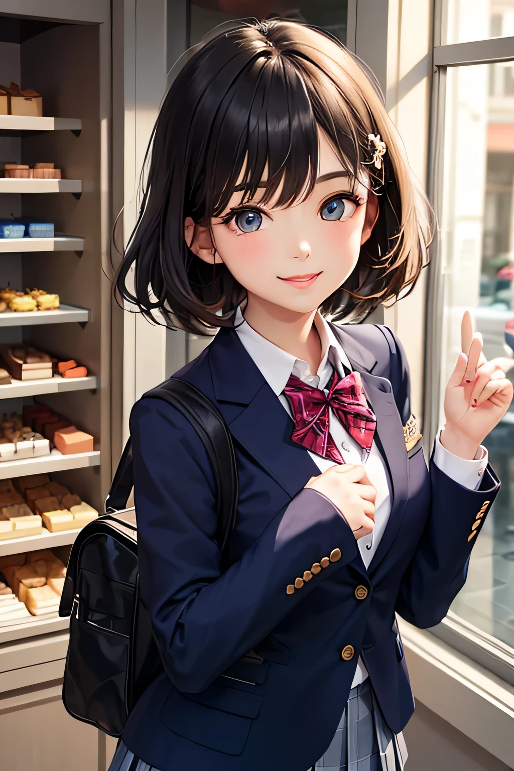 very cute and beautiful girl,(very detailed美しい顔と目:1.2),
(blue blazer school uniform, pleated mini skirt),Stand in front of the cake shop window,
(smile),cowboy shot,have a school bag,dynamic angle,hairpin,black hair,downtown street,
(highest quality,masterpiece:1.2),intricate details,very detailed,super detailed,High resolution,
alone,hair blowing in the wind,