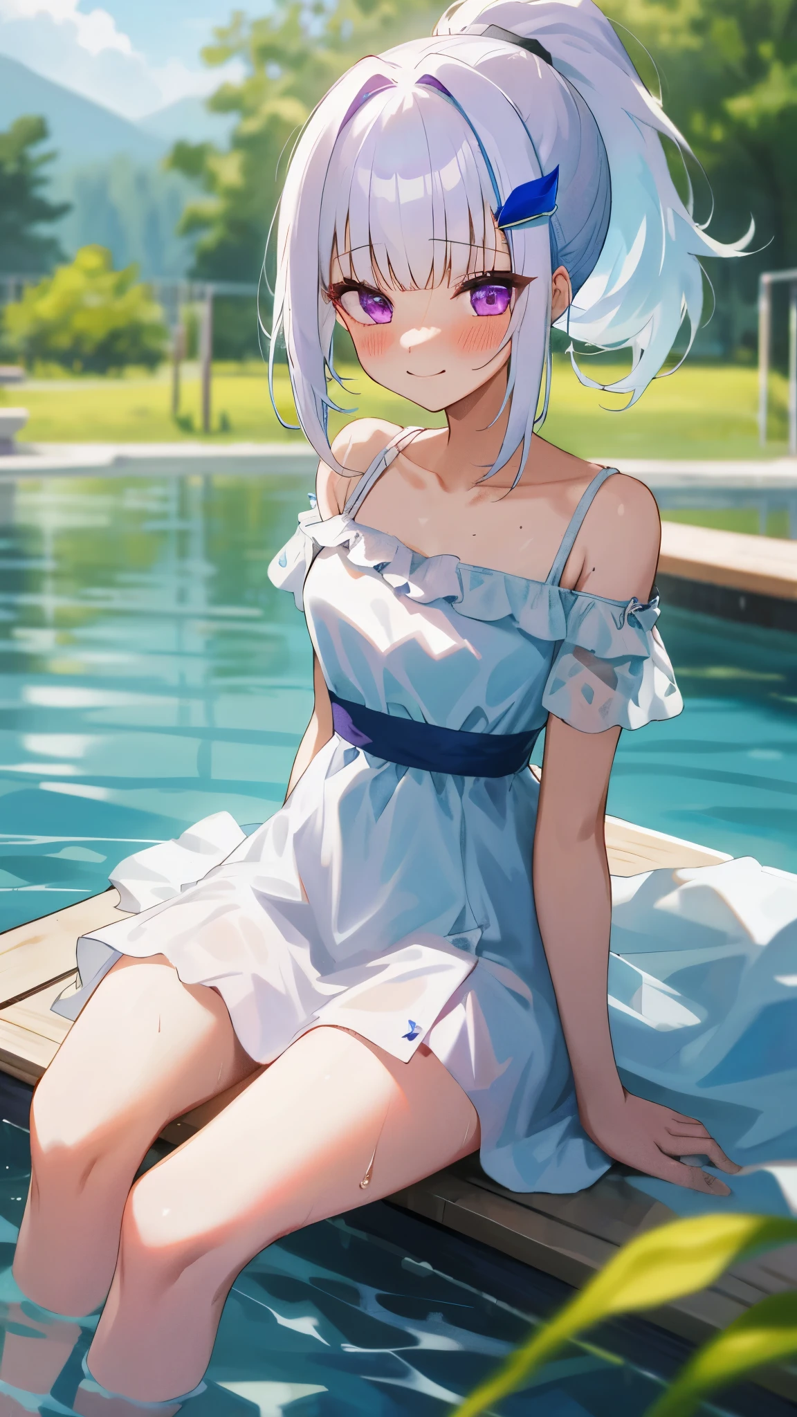 One girl with high ponytail hair, bangs, white hair, blue inner hair:1.25) , purple eyes, looking at viewer, blushing, little smile, outdoor, wet, sit and soak in the water, sitting, white dress, bare shoulders, collarbone, short sleeves, bare legs, mid-chest, day atmosphere, hair ornament, medium breasts, focus, blurry background, 