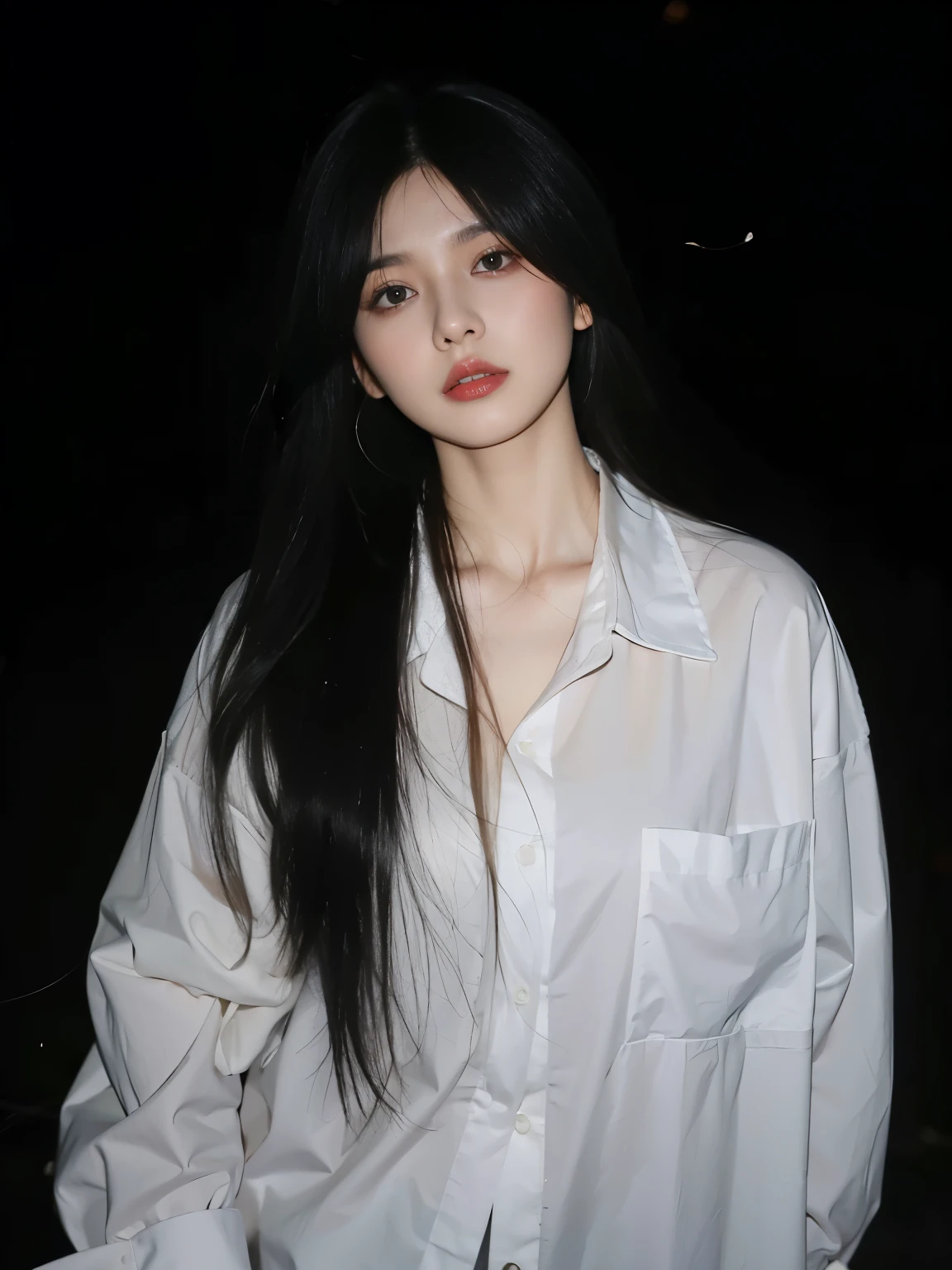 One was wearing a white shirt、Close-up of woman with long black hair, Urzan, with long white hair, long hair, with white hair, long shirt, Black hair with white bangs, korean girl, jinyoung shin, Baiji haircut hairstyle, wearing white clothes, Cui Xianhua, wearing white shirt, gongbi