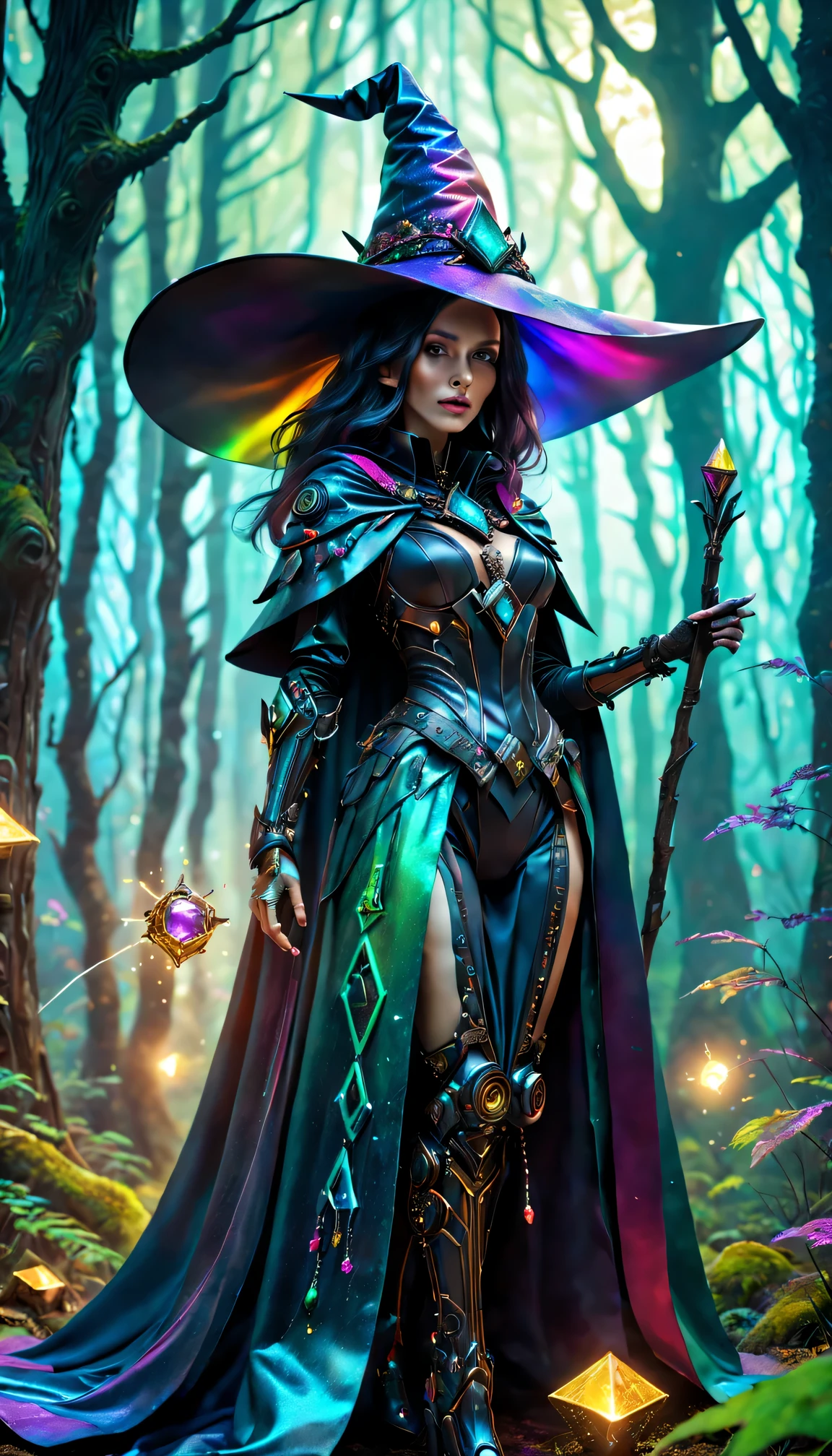 sexy full shot body photo of the most beautiful artwork in the world, illustration, cinematic light, fantasy, highres, highest quallity, ultra detailed, best quality, masterpiece, (detailed face), sexy mature woman wears a shirt and (torn) fullbody (transparent galaxy) cloths coat, floating cloth, choker, glowing (elder underworld fantasy) forest plants with neon details, open shoulders, tiny glowing butterfly, hair jewery, wearing a torn witch hat, (focus on body:1.25), night, small mutated animals in background, torn mini skirt ,a potion on hip, shoulder pads emitting magic energy, cameltoe, dark, light reflection