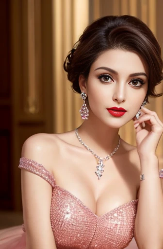 Lebanese woman, diamond dangling earrings, necklace, bracelets, small breasts, 40 years old, smokey eyes, cleavages, red lips, innocent face, pink fashion strapless ball gown, stylish hairstyle, posing, modeling, off-shoulder