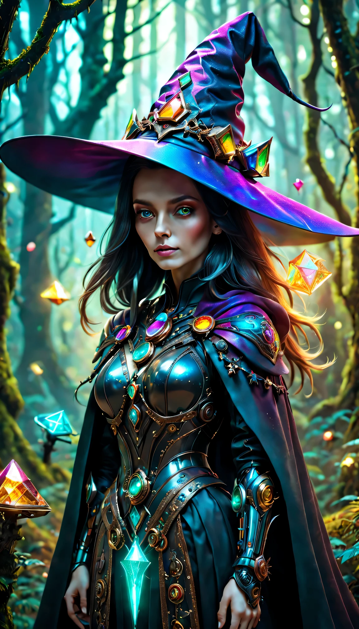 Futuristic robot witch in the enchanted forest、witch hat、cybernetic enhancement、Mechanical edge structure、cloak，Create a mysterious and charming atmosphere，Glittering symbols and runes、Sparkling magic gemstones、Rainbow palette，（best quality，4K，8k，masterpiece：1.2），Super detailed，（lifelike，照片lifelike，The photos are real：1.37），human development report，ultra high definition，studio lighting，Super beautiful paintings，clear focus，Physically based rendering，extremely detailed description，main，bright colors