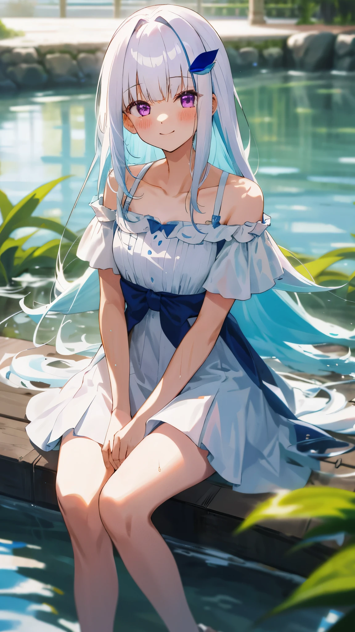One girl with long hair, bangs, white hair, blue inner hair:1.25) , purple eyes, looking at viewer, blushing, little smile, outdoor, wet, sit and soak in the water, sitting, white dress, bare shoulders, collarbone, short sleeves, bare legs, mid-chest, day atmosphere, hair ornament, medium breasts, focus, blurry background,