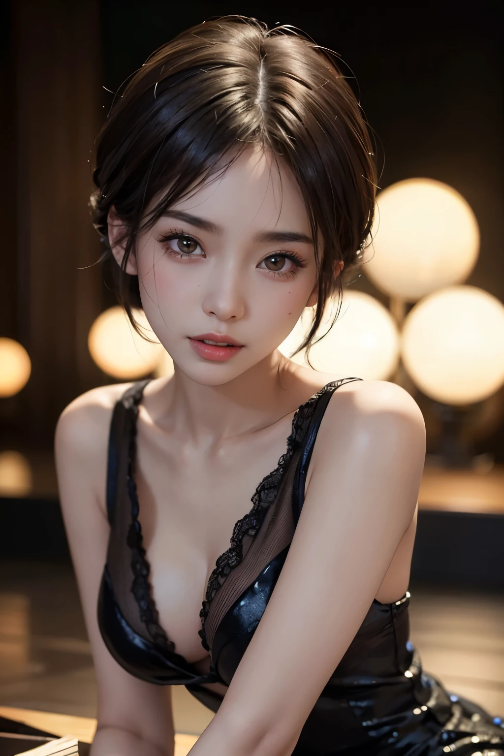 highest quality、masterpiece、ultra high resolution、Full body raw photography、(photorealistic:1.4)、1 girl、detailed face、brown eyes、Glittering cityscape、black sexy dress、Toned body、provocative wink、full body angle、short haired、Beautiful Japan actress、Sakimi-chan、cinema light, realistically,best quality, Complex CG,highly detailed face,High detail eyes,