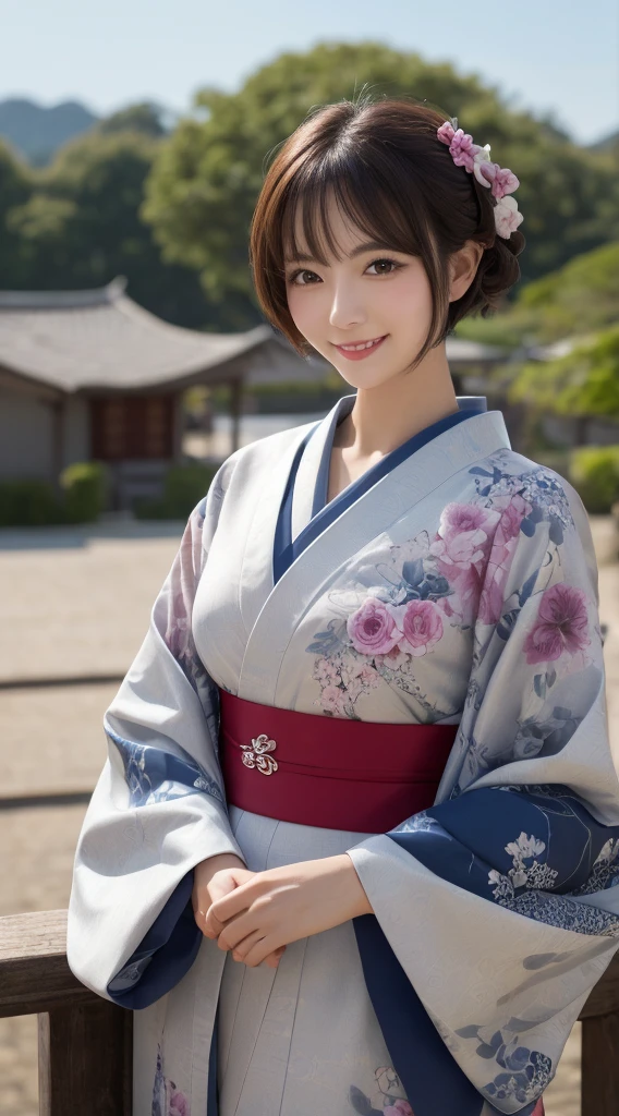 masterpiece, highest quality, figure, super detailed, finely, High resolution, 8k wallpaper, 完璧なダイナミックな構figure, beautiful and fine eyes, kimono,short cut hair, natural color lip, smile,shrine、33-year-old girl
