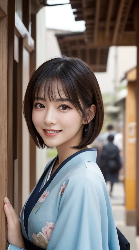 masterpiece, highest quality, figure, super detailed, finely, High resolution, 8k wallpaper, 完璧なダイナミックな構figure, beautiful and fine eyes, kimono,short cut hair, natural color lip, smile,shrine、33-year-old girl