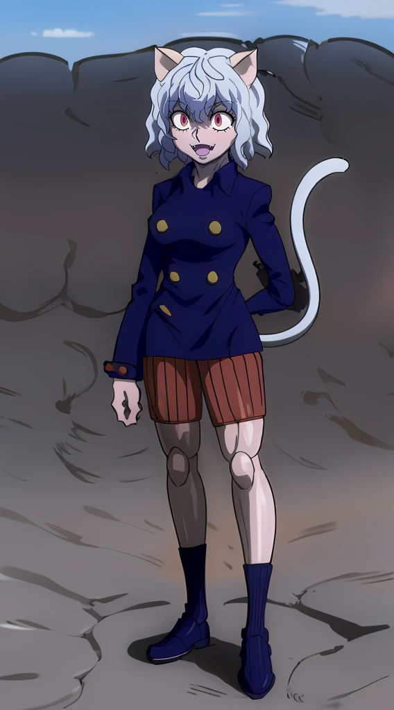 solo,open mouth,fangs,smile, Neferpitou,1girl,red eyes,cat ears, blue jacket,double-breasted, (nature:1.2),stading, full body, boots, huge breast, curvy, tall female,refsheet, cat tails,Neferpitou,1girl,red eyes,cat ears, blue jacket,double-breasted, (brown shorts:1.2),striped, brown socks,blue footwear, doll joints,(nature:1.2),solo,combat stance,lora:add_detail:1>,solo,open mouth,fangs,smile, fangs, sharpteeth,,{best quality}, {amazing quality} {best quality},{amazing quality},, {absurdres},{{highres}}, {very aesthetic}, {detailed}, curvy, tall, huge breast, character focus, white background,full-length portrait,