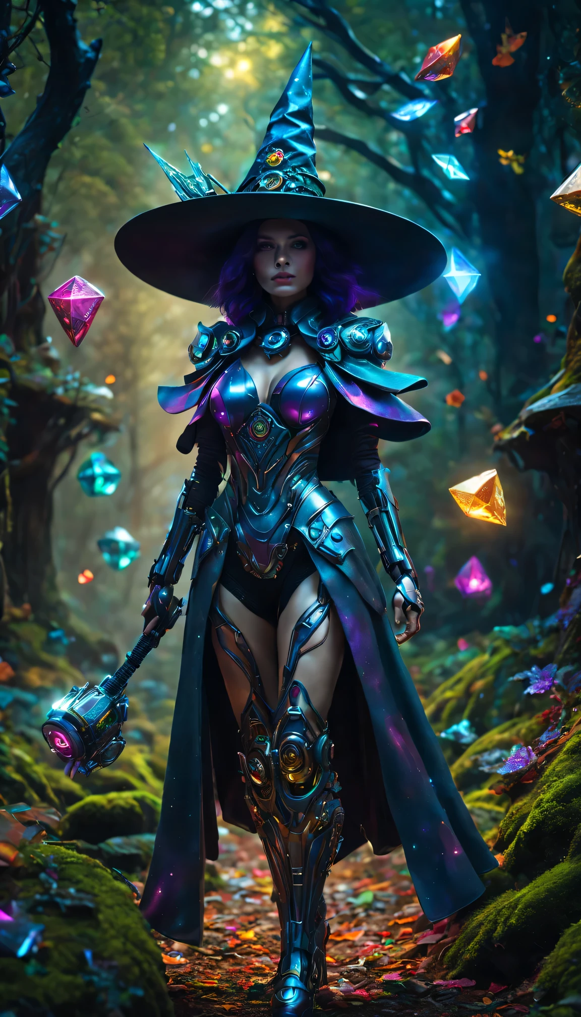 Futuristic robot witch in the enchanted forest、witch hat、cybernetic enhancement、Mechanical edge structure、cloak,Create a mysterious and charming atmosphere,Glittering symbols and runes、Sparkling magic gemstones、Rainbow palette,(best quality,4K,8k,masterpiece:1.2),Super detailed,(lifelike,照片lifelike,The photos are real:1.37),human development report,ultra high definition,studio lighting,Super beautiful paintings,clear focus,Physically based rendering,extremely detailed description,main,bright colors