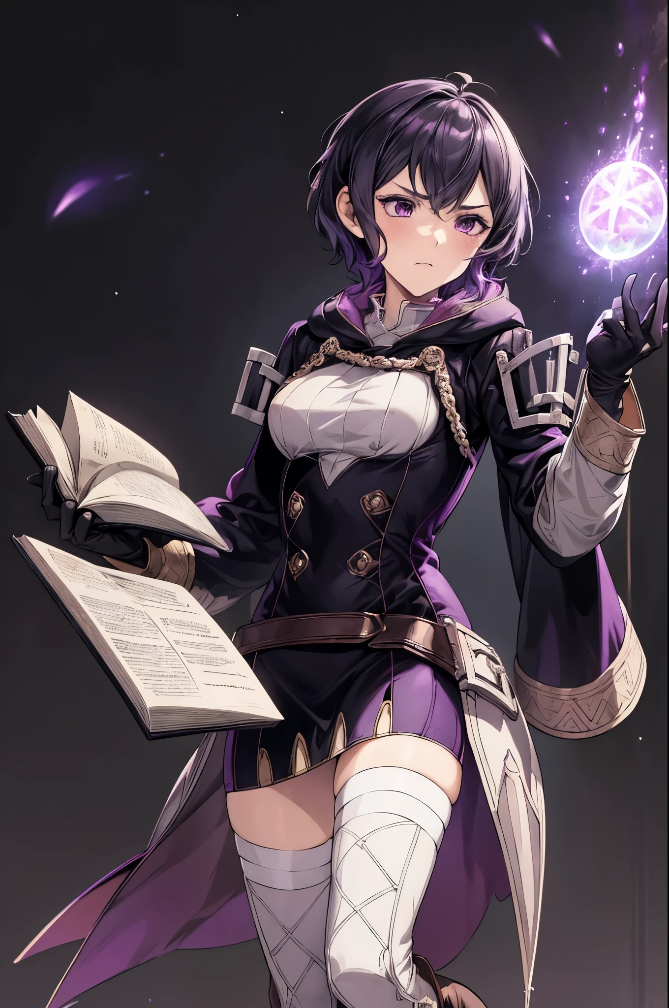 masterpiece, best quality, feMorgan, short dress, black gloves, white thighhighs, brown boots, standing, furrowed brow, holding a book, raised arm, casting magic, purple magic, holding book, FEH, whole body, black background,  background 