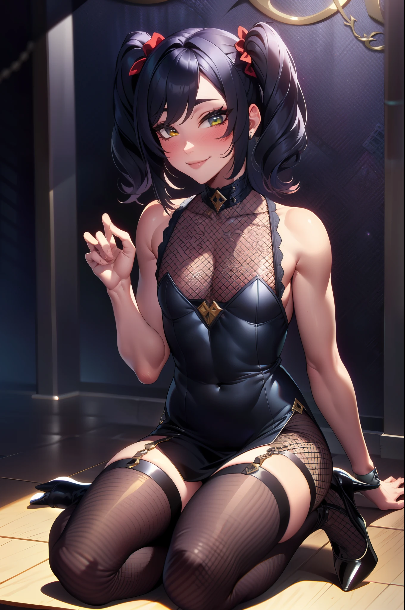 (extremely detailed CG unity 4k wallpaper),(masterpiece),(best quality),(ultra-detailed),(best illustration),(best shadow),(absurdres),(detailed background),Cute femboy, Long pigtails, Goth, Black eyeliner, Short gothic dress, Sitting, shy, blushing, black fishnet stocking, smile, black high heels, full body shot,