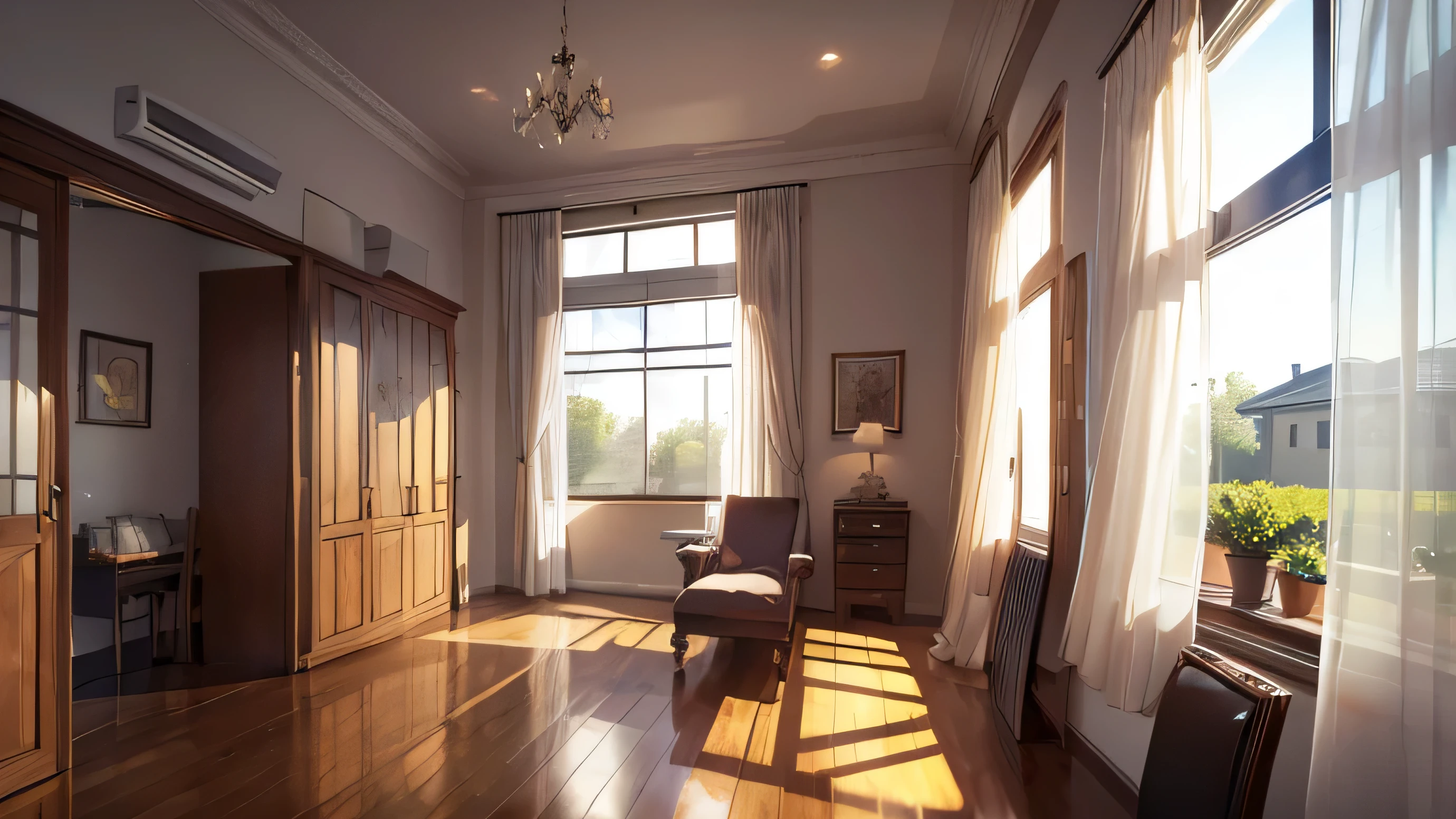 patient room, bed on the side, large window with transparent curtains in front