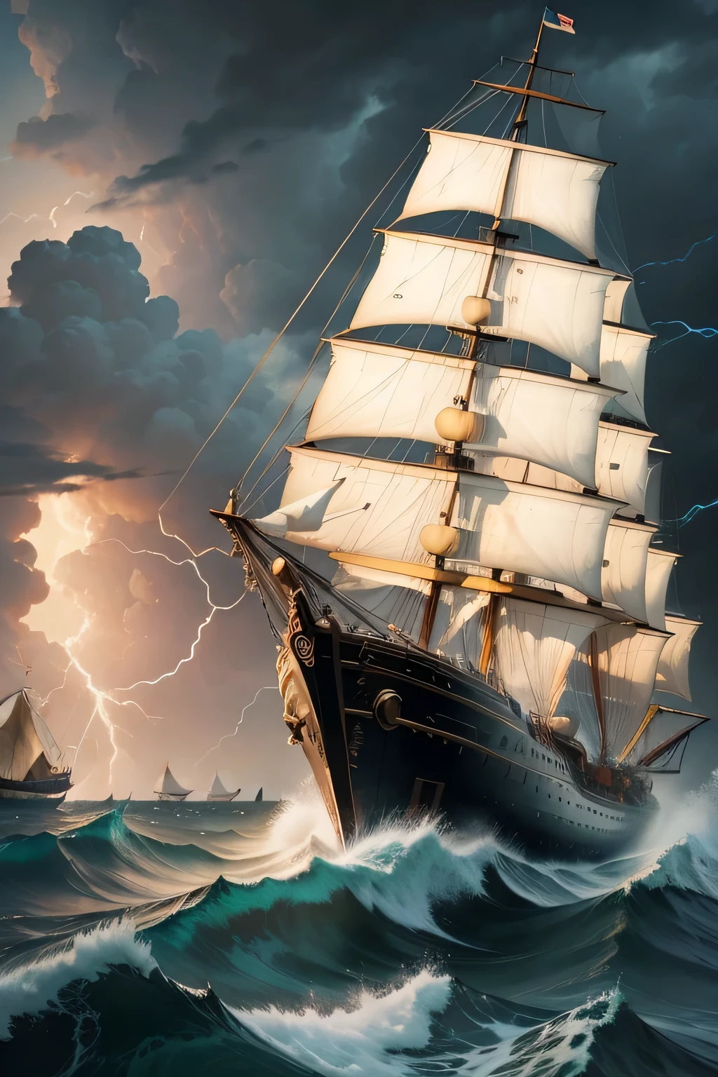 sailors on the deck of a three-masted sailing ship observe an approaching storm. stormy sky, lightning, very rough waters.