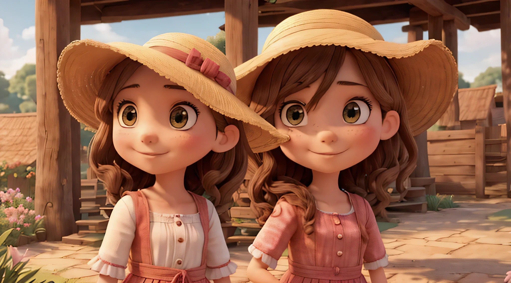 Lily, a bright-eyed -yeld wishoulder-length chestnut hair, wears a wide-brimmed straw hat and a colorful sundress. Her expression is a mix of curiosity and wonder