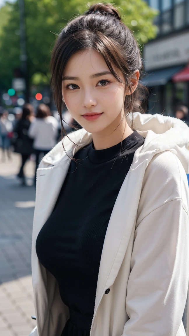 8K, highest quality, masterpiece, reality的な, ultra detail, photo reality的な, Improvement of quality, beautiful woman with perfect figure:1.4、dark brown hair、wearing a pendant、fur、cook coat、inner knit dress、highly detailed face and skin、fine eyes、double eyelid、huge tit、smile、30 generations、 bring the action、The whole body is reflected、city、winter、winter服、live action、reality、fashion