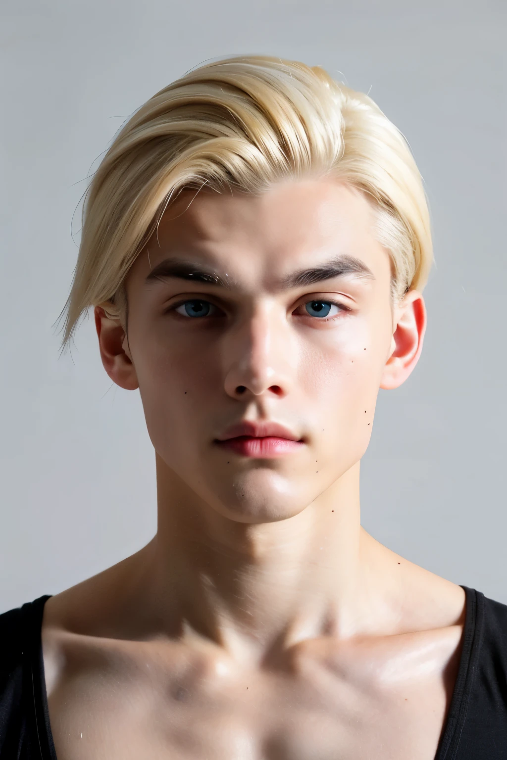 Jeune homme blanc, 15 ans, very short hair and very light blonde, golden, of European origin;. He should turn his back on the photo, jardin. Focus on the back, it must be shirtless.
