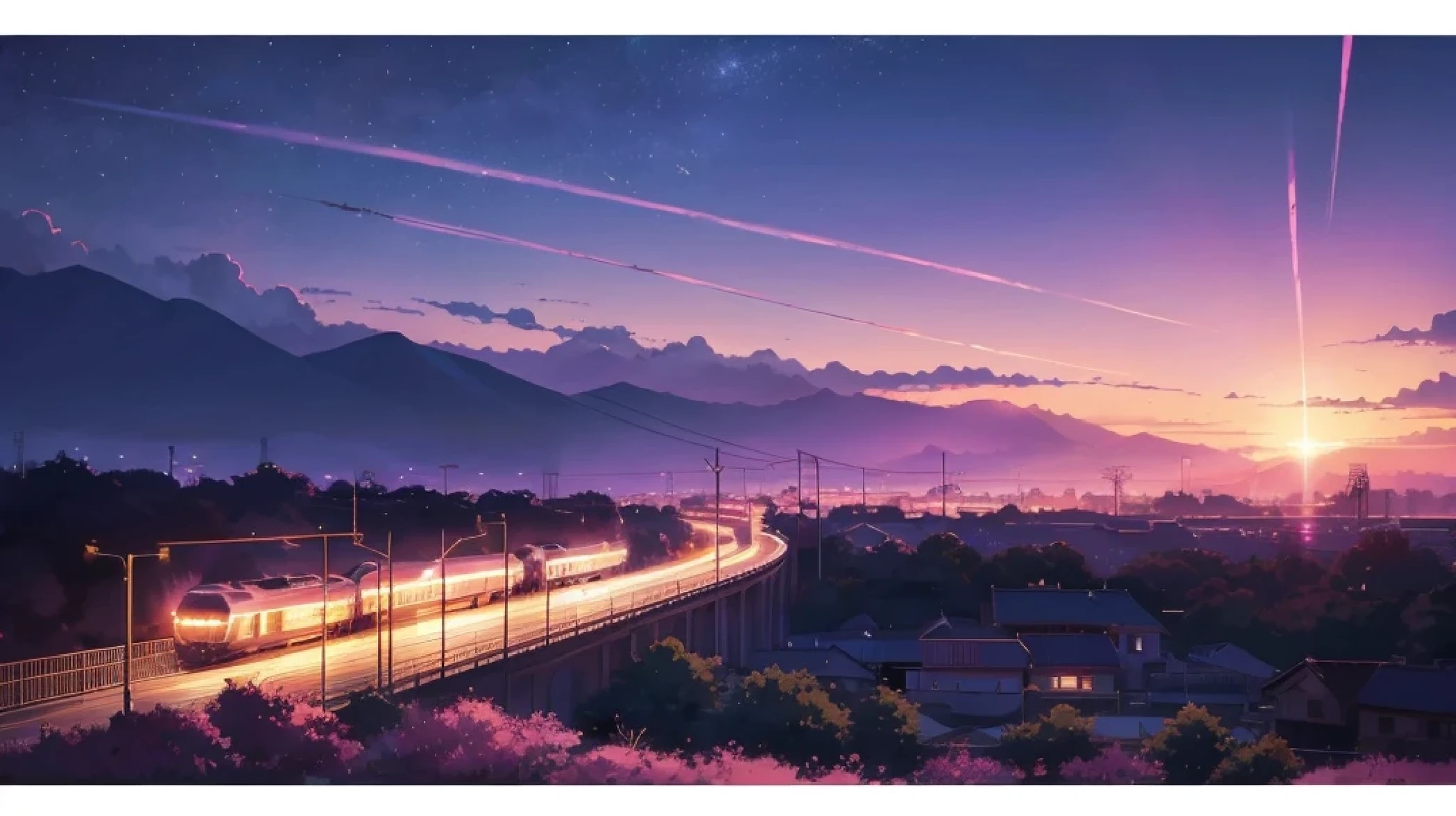 Anime scene with train passing under pink and purple sky, anime drawing by Makoto Shinkai, trending on pixiv, magic realism, beautiful anime scene, cosmic sky. by makoto shinkai, ( ( makoto shinkai ) ), by makoto shinkai, anime background art, makoto shinkai style. Detail enhancement, perfect detail processing.