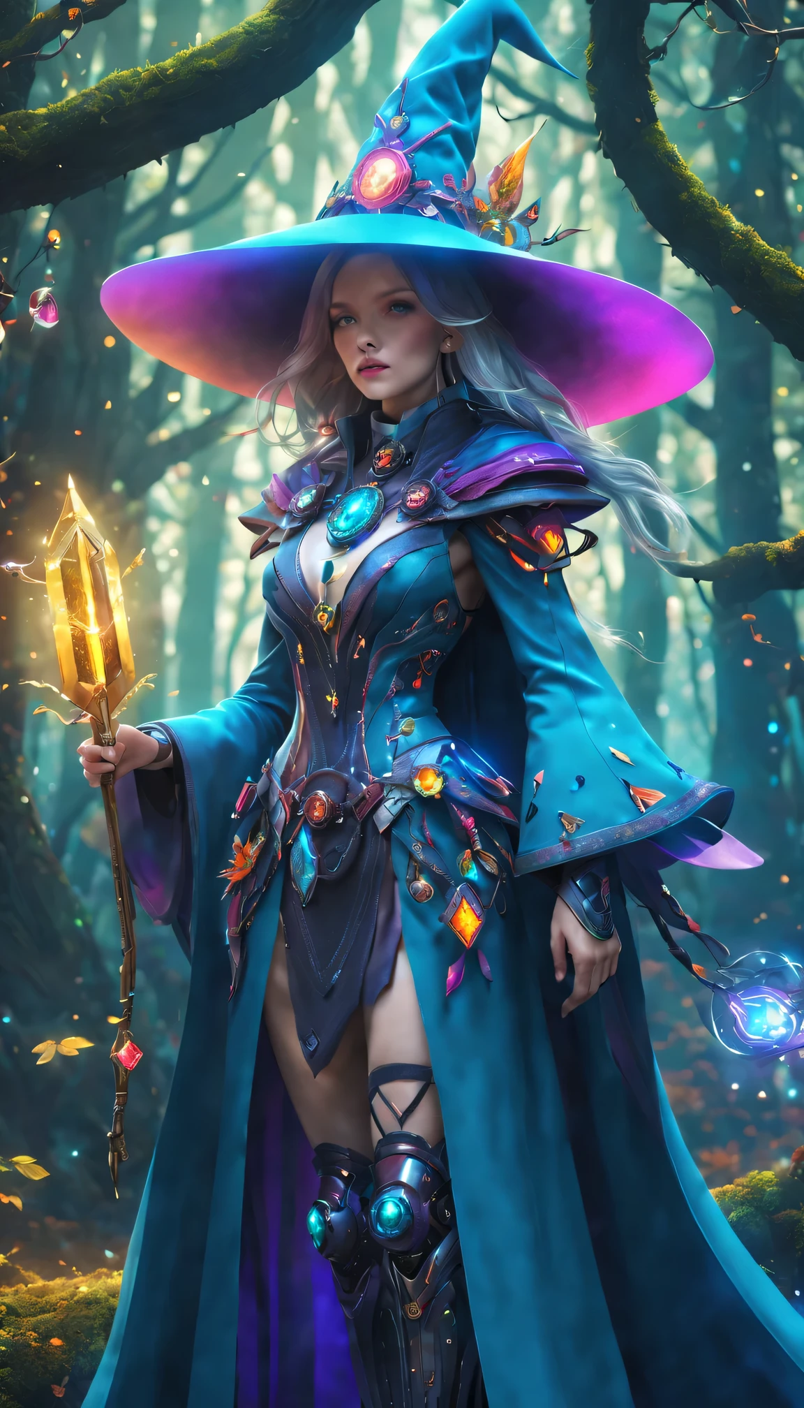 Futuristic robot witch in the enchanted forest、witch hat、cybernetic enhancement、Mechanical edge structure、cloak，Create a mysterious and charming atmosphere，Glittering symbols and runes、Sparkling magic gemstones、Rainbow palette，（best quality，4K，8k，masterpiece：1.2），Super detailed，（lifelike，照片lifelike，The photos are real：1.37），human development report，ultra high definition，studio lighting，Super beautiful paintings，clear focus，Physically based rendering，extremely detailed description，main，bright colors