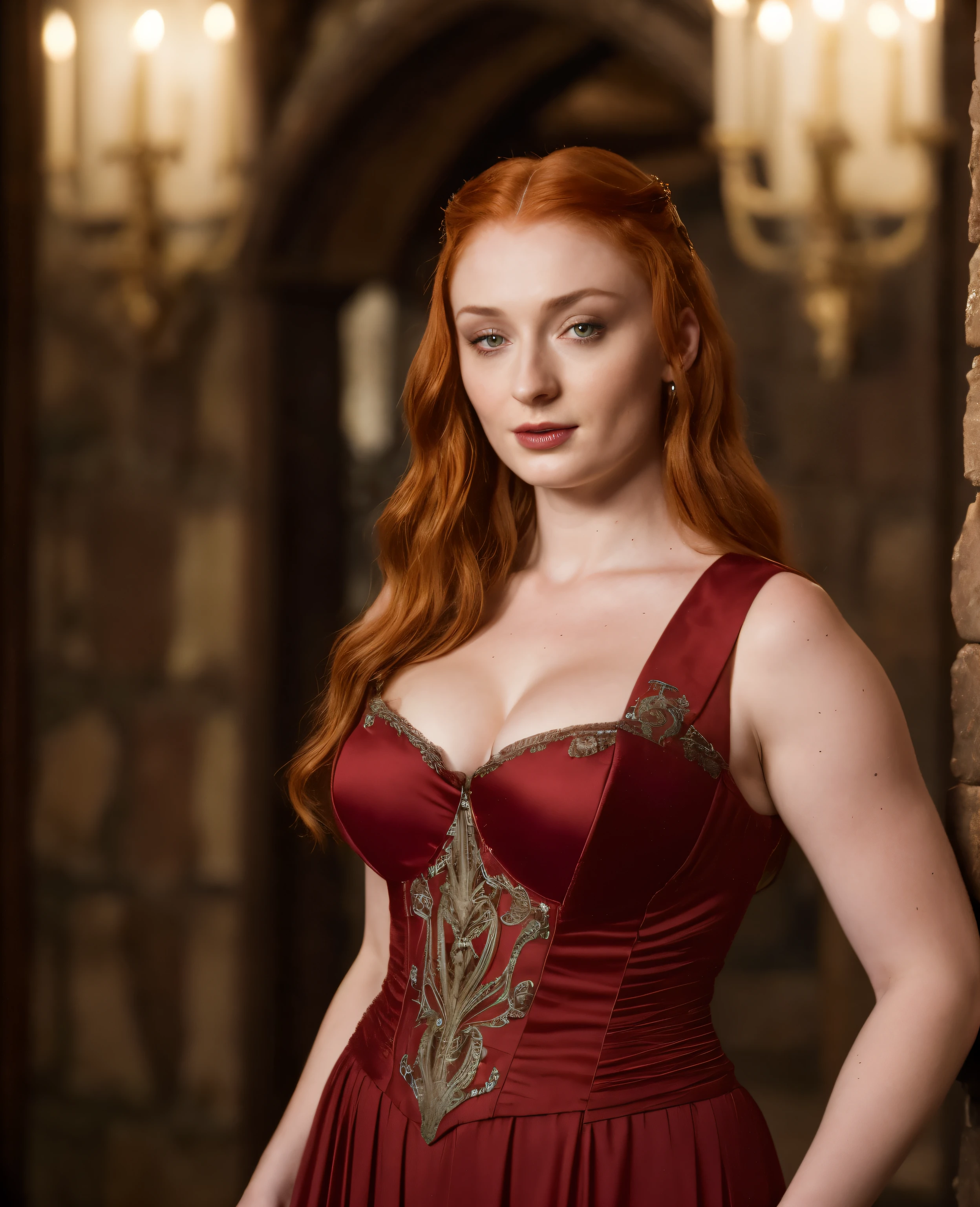 Sophie Turner, the de facto Lady of the Eyrie, is a 40-year-old mature queen with a stunning, alluring appearance. Full Face, reddish lips, upper body shot, erotic Mediaeval costumes, game of thrones costumes, She wears a Game of Thrones-inspired costume and has a deep cleavage, a perfect thick body, and a perfect thick figure. The photograph captures her in a close-up, with her skin texture and facial features being ultra-realistic and realistic.