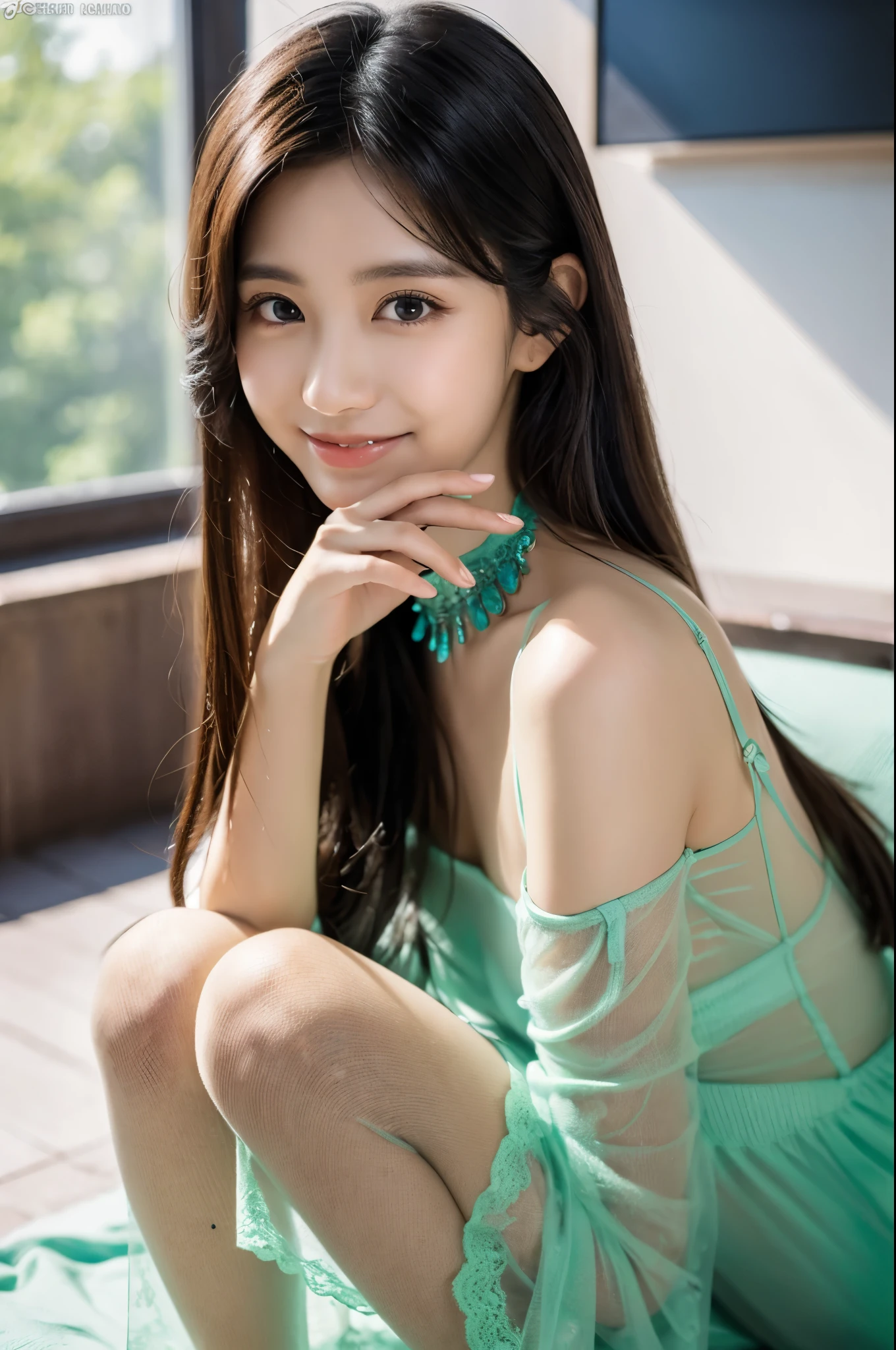 Ulsan-6500-v1.1, (Raw photo:1.2), (photorealistic), beautiful detailed girl, ( real: 1.4), very detailedな目と顔, beautiful detailed eyes,  (Strapless blouse, flare skirt, super realistic pantyhose:1.3, black choker)、 (very affectionate smile:1.2)、huge file size, High resolution, very detailed, highest quality, [masterpiece:1.6], An illustration, very detailed, ticker, fine details, highest quality, 8K wallpaper, movie lighting, 1 girl, 17 years old, perfect body shape, cute droopy eyes beautiful big eyes、Pieck finger, ((muste piece)), best quality, 1 girl, eye shadow, upper body whole body, People photography, ((full body shot:1.4))、