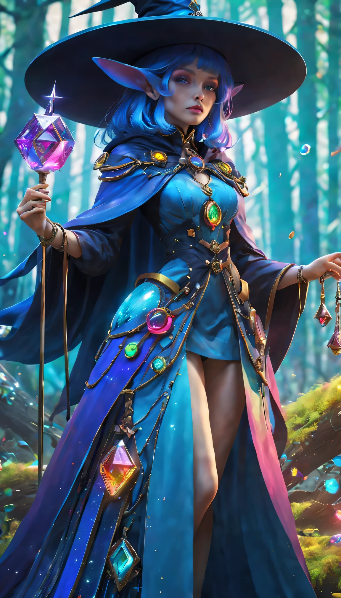 Futuristic robot witch in the enchanted forest、witch hat、cybernetic enhancement、Mechanical edge structure、cloak，Create a mysterious and charming atmosphere，Glittering symbols and runes、Sparkling magic gemstones、Rainbow palette，（best quality，4K，8k，masterpiece：1.2），Super detailed，（lifelike，照片lifelike，The photos are real：1.37），human development report，ultra high definition，studio lighting，Super beautiful paintings，clear focus，Physically based rendering，extremely detailed description，main，bright colors