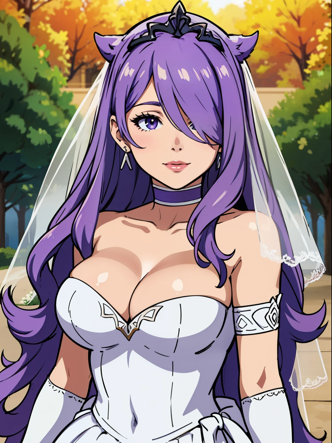 defCamilla, tiara, ,earrings ,lipstick, eye shadow, heavy makeup, hair between eyes, ahoge, hair ornament, gloves, dress, cleavage, bare shoulders, collarbone, white oprea gloves, white gloves, white dress, strapless, white choker, tiara, veil, strapless dress, wedding dress, bridal veil, beautiful woman, perfect body, perfect breasts, wearing a wedding dress, ball gown, in the park trees, wedding decorations, looking at the viewer, warm smile, realism, masterpiece, textured skin, super detail, high detail, high quality, best quality, 1080p,
