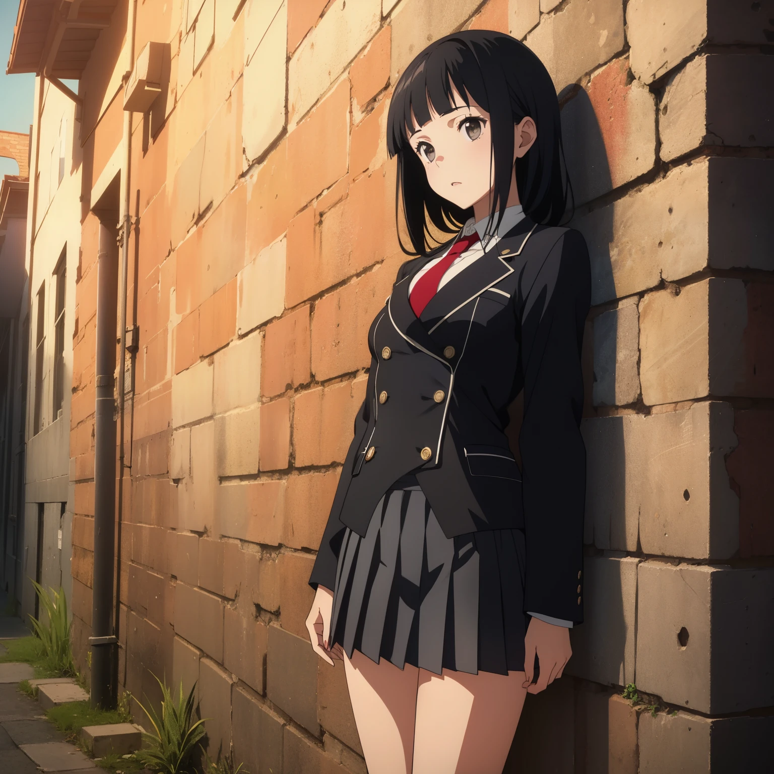 (Beautiful posture), 1Girl,slim, thin, ((black short skirt with pleats)),(((short double-breasted jacket))), (black very short jacket),(fitted clothing) ,a white blouse, (red tie short) , long bangs on face, (straight black hair to waist),gray eyes with a hint of purple, knee-deep portrait, sad, It&#39;s a nasty day, stands in the castle