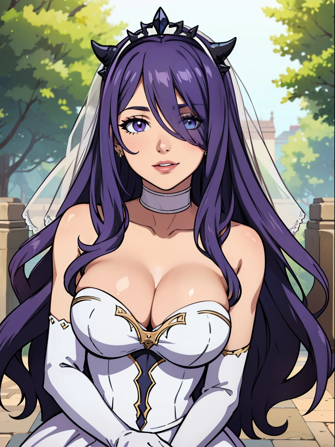 defCamilla, tiara, ,earrings ,lipstick, eye shadow, heavy makeup, hair between eyes, ahoge, hair ornament, gloves, dress, cleavage, bare shoulders, collarbone, white oprea gloves, white gloves, white dress, strapless, white choker, tiara, veil, strapless dress, wedding dress, bridal veil, beautiful woman, perfect body, perfect breasts, wearing a wedding dress, ball gown, in the park trees, wedding decorations, looking at the viewer, warm smile, realism, masterpiece, textured skin, super detail, high detail, high quality, best quality, 1080p,