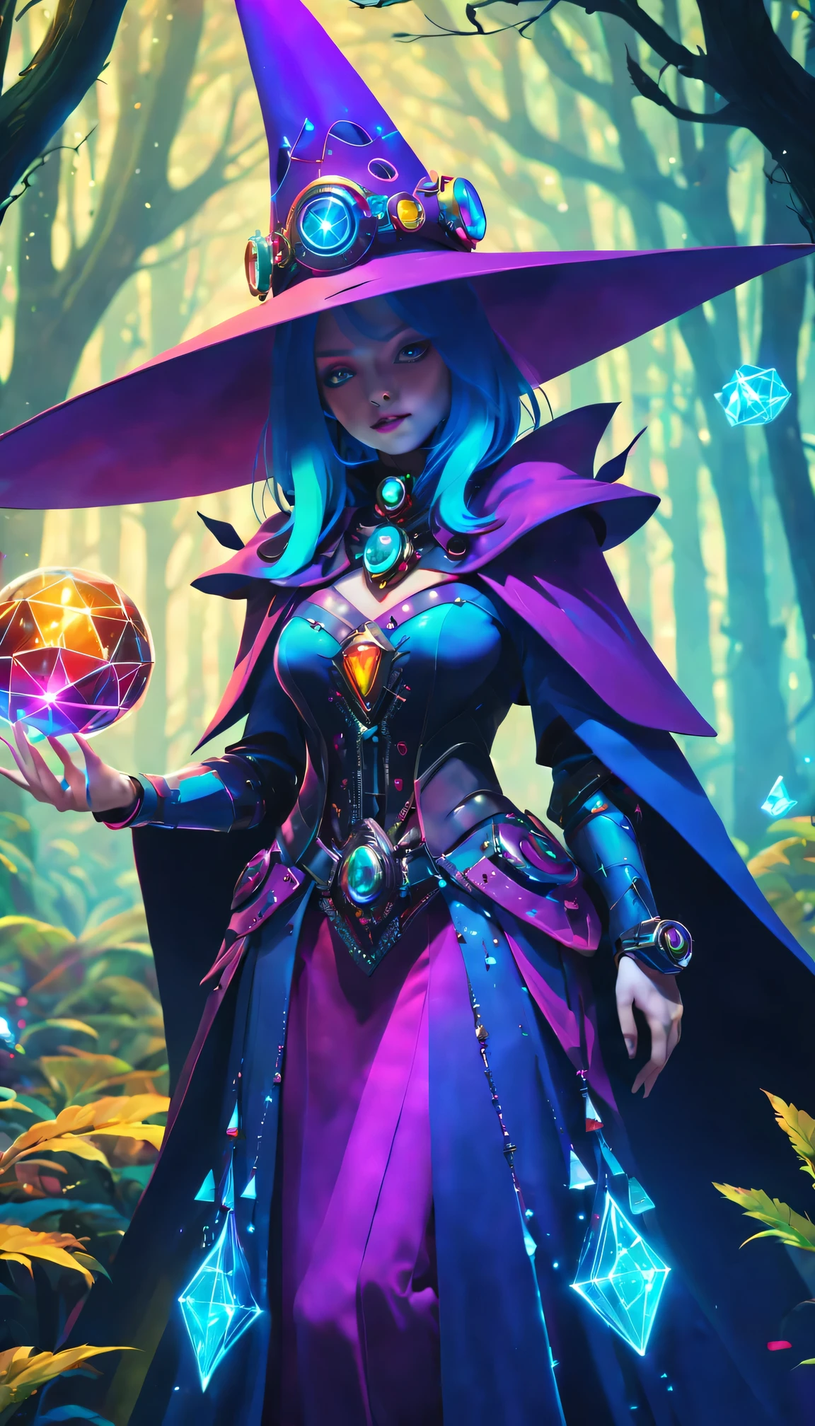 Futuristic robot witch in the enchanted forest、witch hat、cybernetic enhancement、Mechanical edge structure、cloak,Create a mysterious and charming atmosphere,Glittering symbols and runes、Sparkling magic gemstones、Rainbow palette,(best quality,4K,masterpiece:1.2)、Vivid and saturated colors、Soft ambient lighting