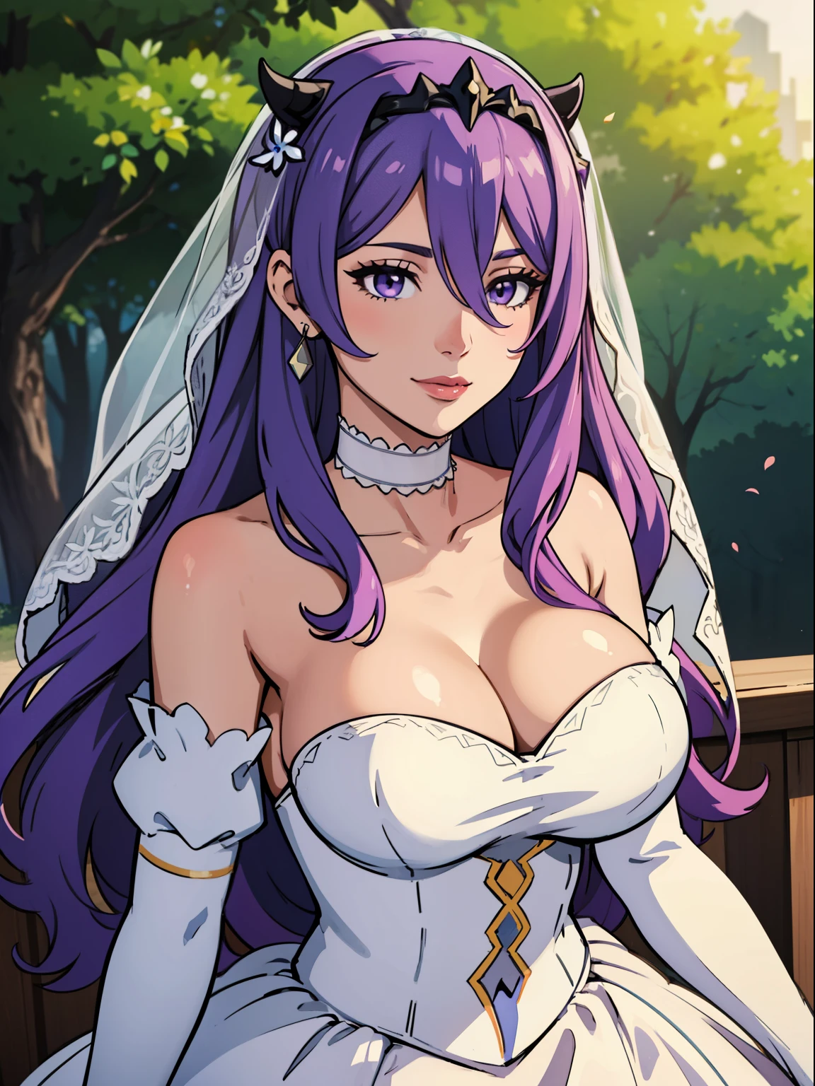 defCamilla, tiara, ,earrings ,lipstick, eye shadow, heavy makeup, hair between eyes, ahoge, hair ornament, gloves, dress, cleavage, bare shoulders, collarbone, white oprea gloves, white gloves, white dress, strapless, white choker, tiara, veil, strapless dress, wedding dress, bridal veil, beautiful woman, perfect body, perfect breasts, wearing a wedding dress, ball gown, in the park trees, wedding decorations, looking at the viewer, warm smile, realism, masterpiece, textured skin, super detail, high detail, high quality, best quality, 1080p,