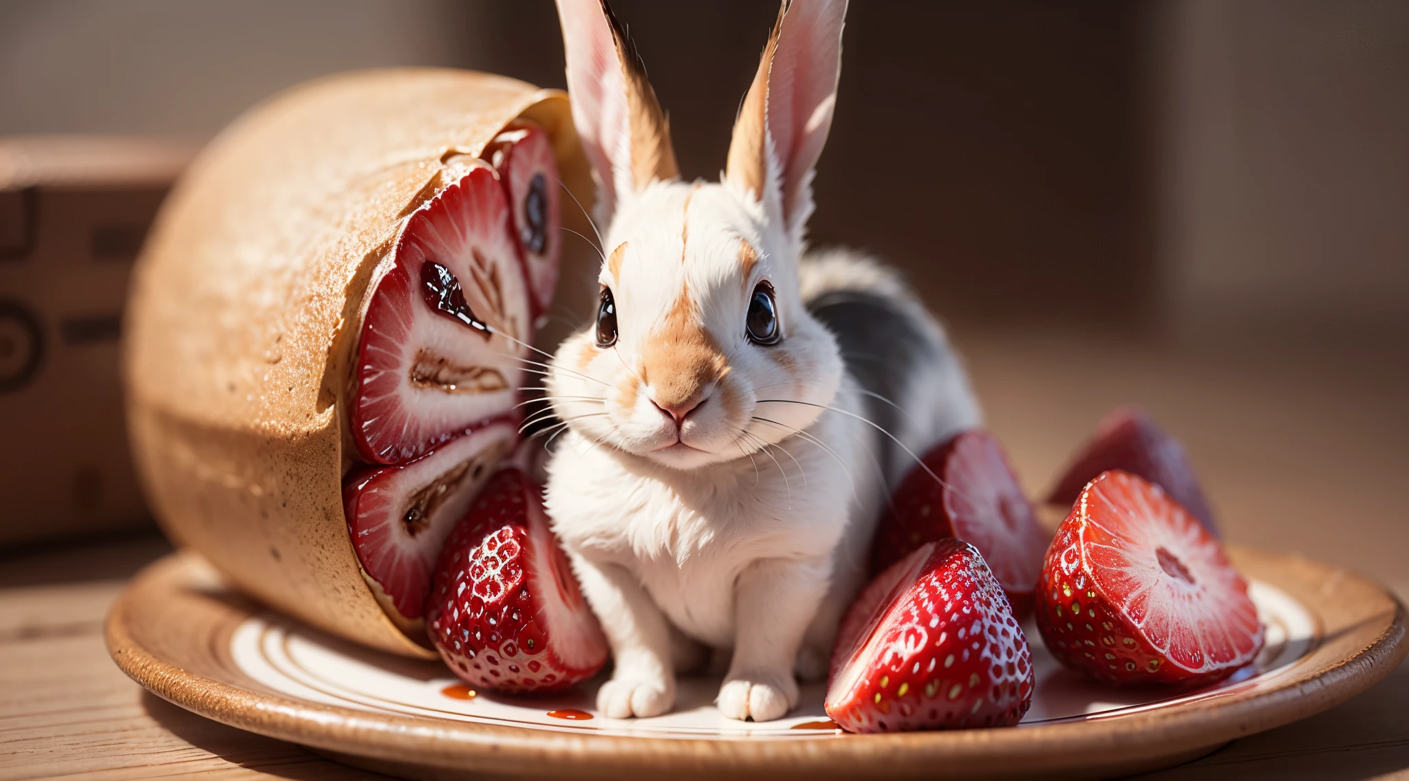 Beautiful naked woman wearing bunny ears and a bunny tale , her hairs are tied in a bun , she is lying on a plater surrounded by a few strawberies , she is hunkered down and her body is covered with a liquid chocolate 