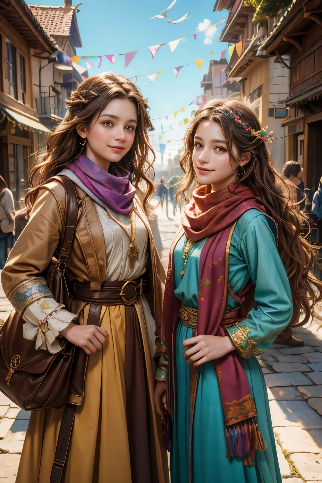 2girls, curious, fearless, smiling, wavy brown hair, dressed in colorful clothes and a magical scarf, next to the old fairy queen,masterpiece, top-quality,raw photograph, top-quality, Official Art ,the Extremely Detailed CG Unity 8K Wallpapers,