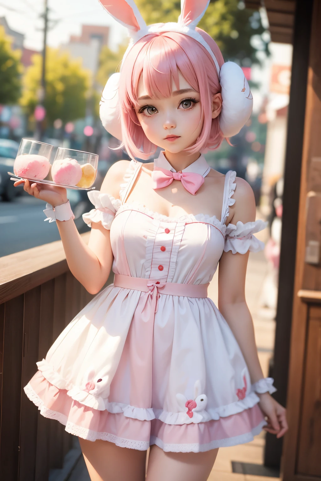 A high school girl、sixteen years old、Kawaii face、Showing off her panties and bra、small tits、Skirts with short ruffles、white panty、Big cute ribbon、French Maid、Pink hair、twintails、red-eyed、grassy plains、Flower garden、Bright flowers