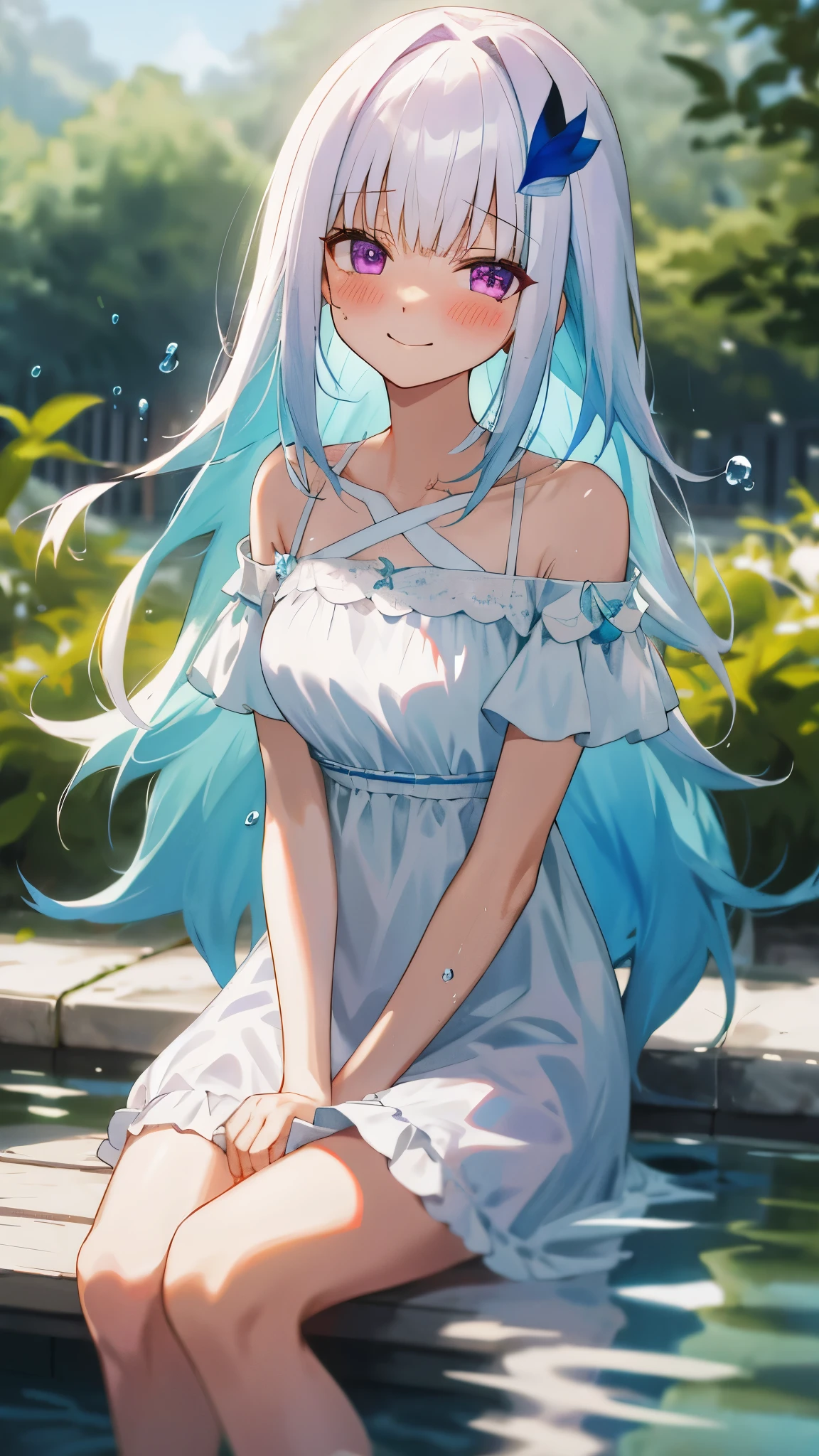 (close up body, summer Festival style) (immensely beautiful Transparent biggest waterfall), (solo:2, 15 yo), (beautiful forehead), (beautiful detailed blue hair long hair), (best cute girl, immensely cute blue eyes, love smile, small tits), in A neat white dress, break, In the shade of a rock at the base of a waterfall, BREAK, perfect anatomy, masterpiece, best quality, 16k, beautiful detailed grow, daydreaming expression.