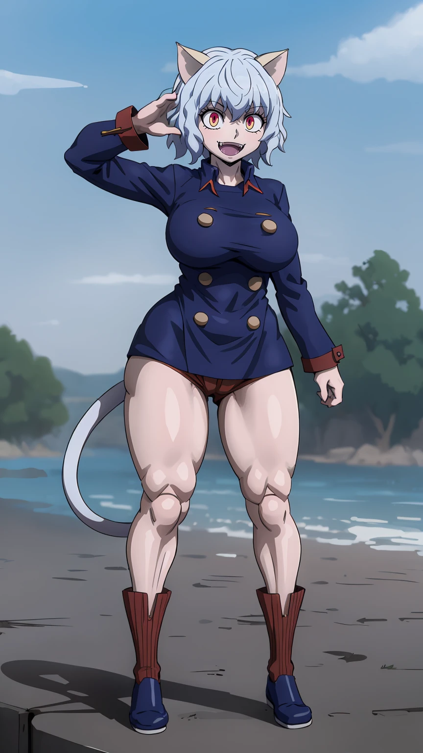 solo,open mouth,fangs,smile, Neferpitou,1girl,red eyes,cat ears, blue jacket,double-breasted, (nature:1.2),stading, full body, boots, huge breast, curvy, tall female,refsheet, cat tails,Neferpitou,1girl,red eyes,cat ears, blue jacket,double-breasted, (brown shorts:1.2),striped, brown socks,blue footwear, doll joints,(nature:1.2),solo,combat stance,lora:add_detail:1>,solo,open mouth,fangs,smile,curvy, huge breast