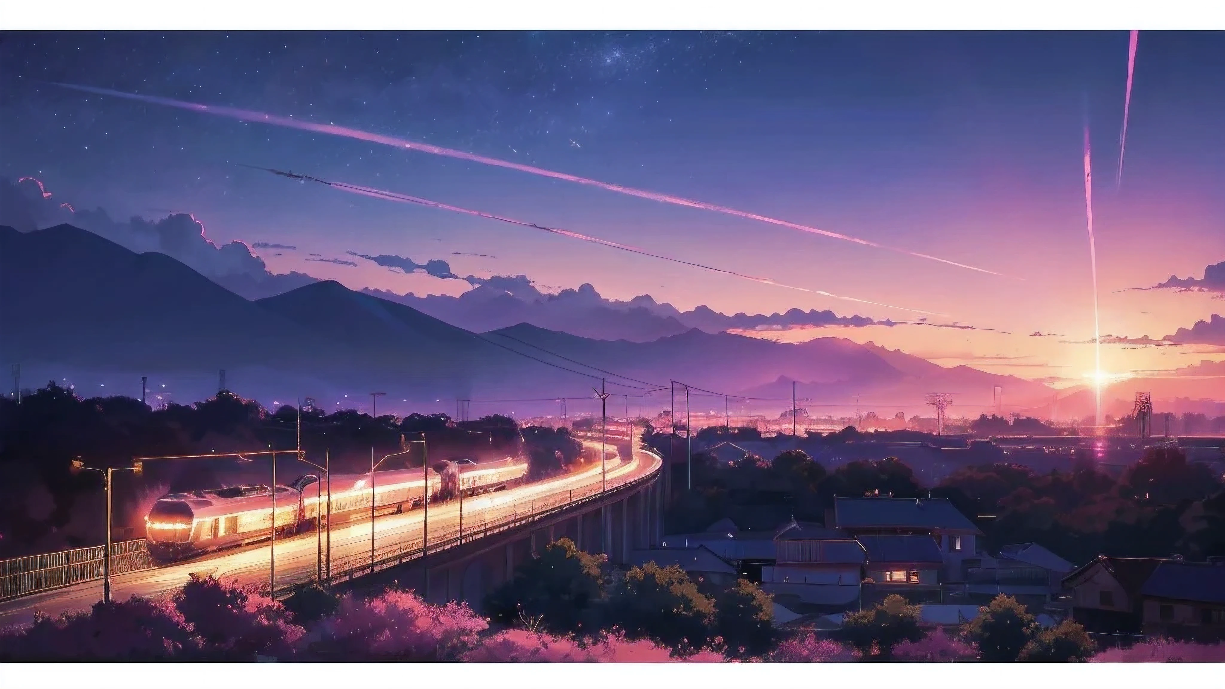 Anime scene with train passing under pink and purple sky, anime drawing by Makoto Shinkai, trending on pixiv, magic realism, beautiful anime scene, cosmic sky. by makoto shinkai, ( ( makoto shinkai ) ), by makoto shinkai, anime background art, makoto shinkai style. Detail enhancement, perfect detail processing.