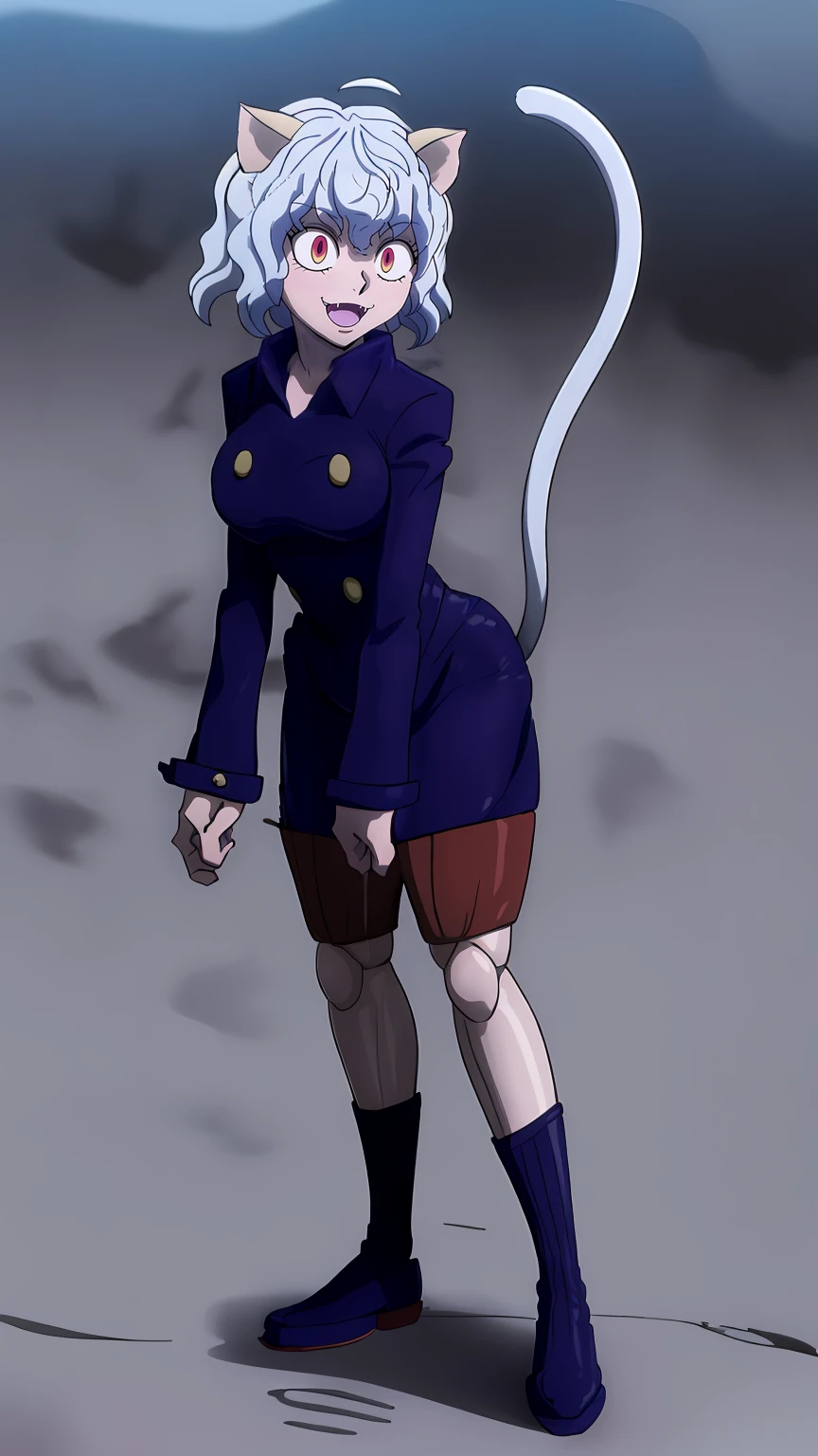 solo,open mouth,fangs,smile, Neferpitou,1girl,red eyes,cat ears, blue jacket,double-breasted, (nature:1.2),stading, full body, boots, huge breast, curvy, tall female,refsheet, cat tails,Neferpitou,1girl,red eyes,cat ears, blue jacket,double-breasted, (brown shorts:1.2),striped, brown socks,blue footwear, doll joints,(nature:1.2),solo,combat stance,lora:add_detail:1>,solo,open mouth,fangs,smile,curvy, huge breast