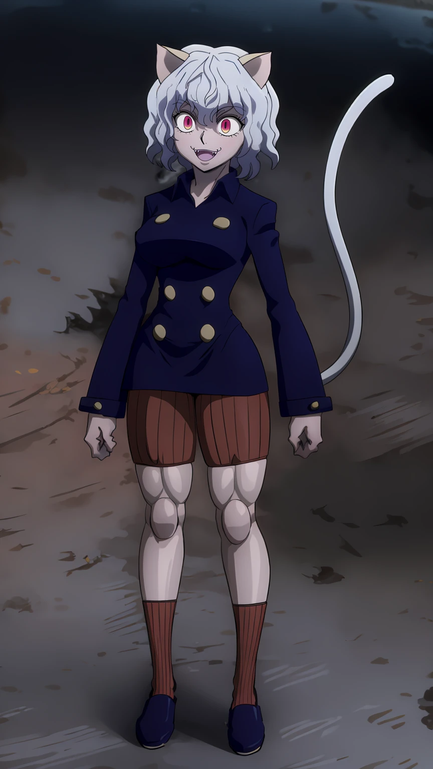solo,open mouth,fangs,smile, Neferpitou,1girl,red eyes,cat ears, blue jacket,double-breasted, (nature:1.2),stading, full body, boots, huge breast, curvy, tall female,refsheet, cat tails,Neferpitou,1girl,red eyes,cat ears, blue jacket,double-breasted, (brown shorts:1.2),striped, brown socks,blue footwear, doll joints,(nature:1.2),solo,combat stance,lora:add_detail:1>,solo,open mouth,fangs,smile,curvy, huge breast