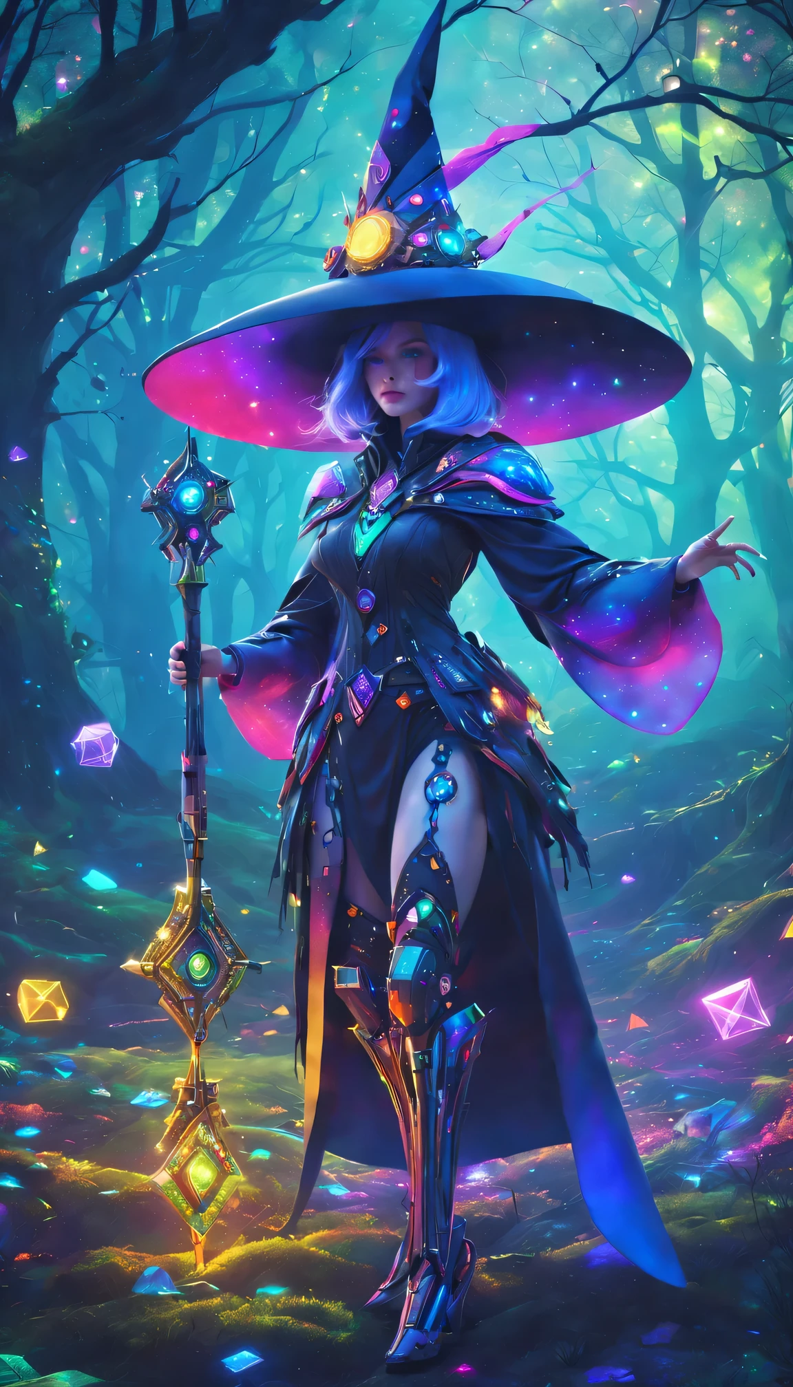 Futuristic robot witch in the enchanted forest、witch hat、cybernetic enhancement、Mechanical edge structure、cloak，Create a mysterious and charming atmosphere，Glittering symbols and runes、Sparkling magic gemstones、Rainbow palette，（best quality，4K，masterpiece：1.2）、Vivid and saturated colors、Soft ambient lighting