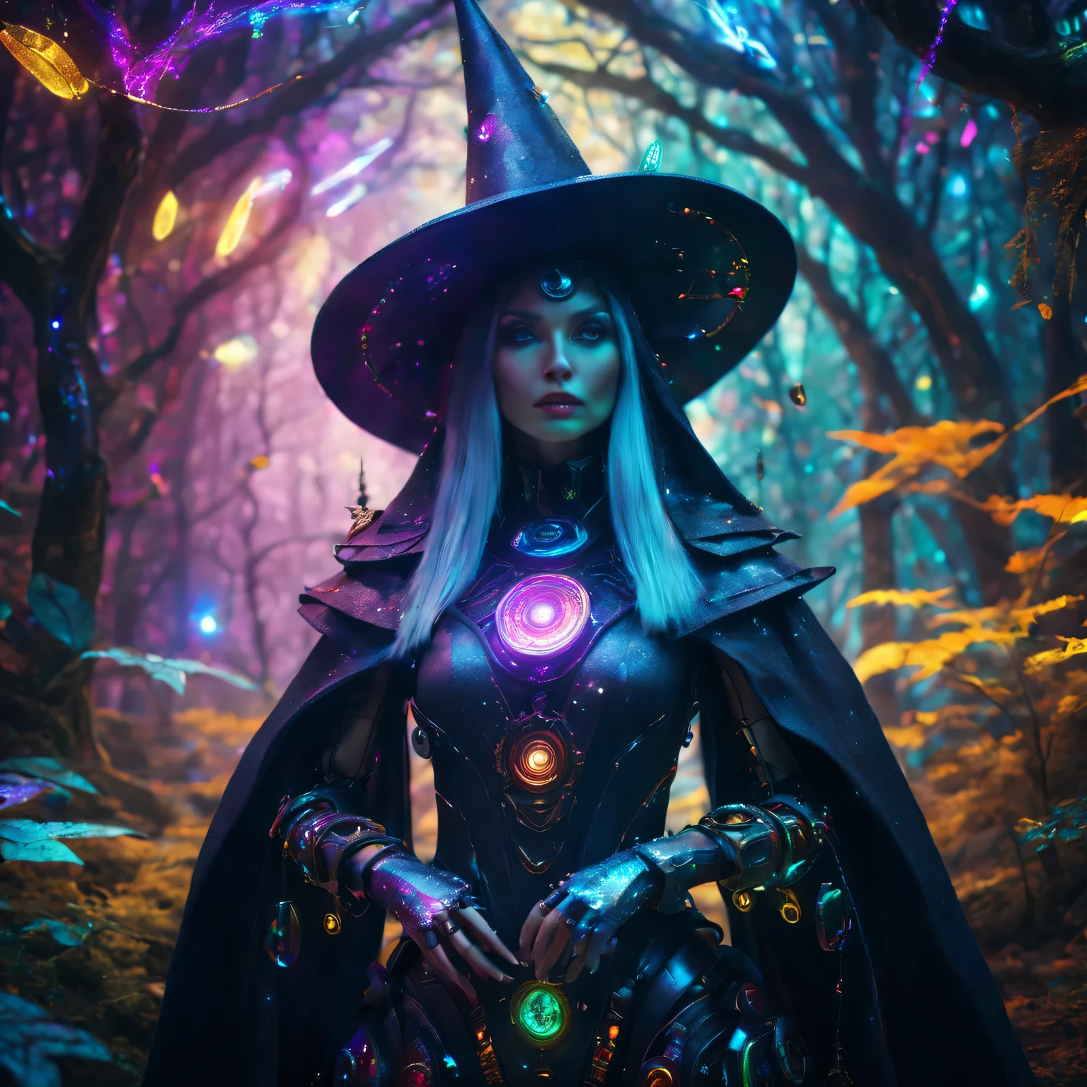 Futuristic robot witch in the enchanted forest、witch hat、cybernetic enhancement、Mechanical edge structure、cloak,upper body portrait,Create a mysterious and charming atmosphere,Glittering symbols and runes、Sparkling magic gemstones、Rainbow palette,(best quality,4K,masterpiece:1.2)、Vivid and saturated colors、Soft ambient lighting